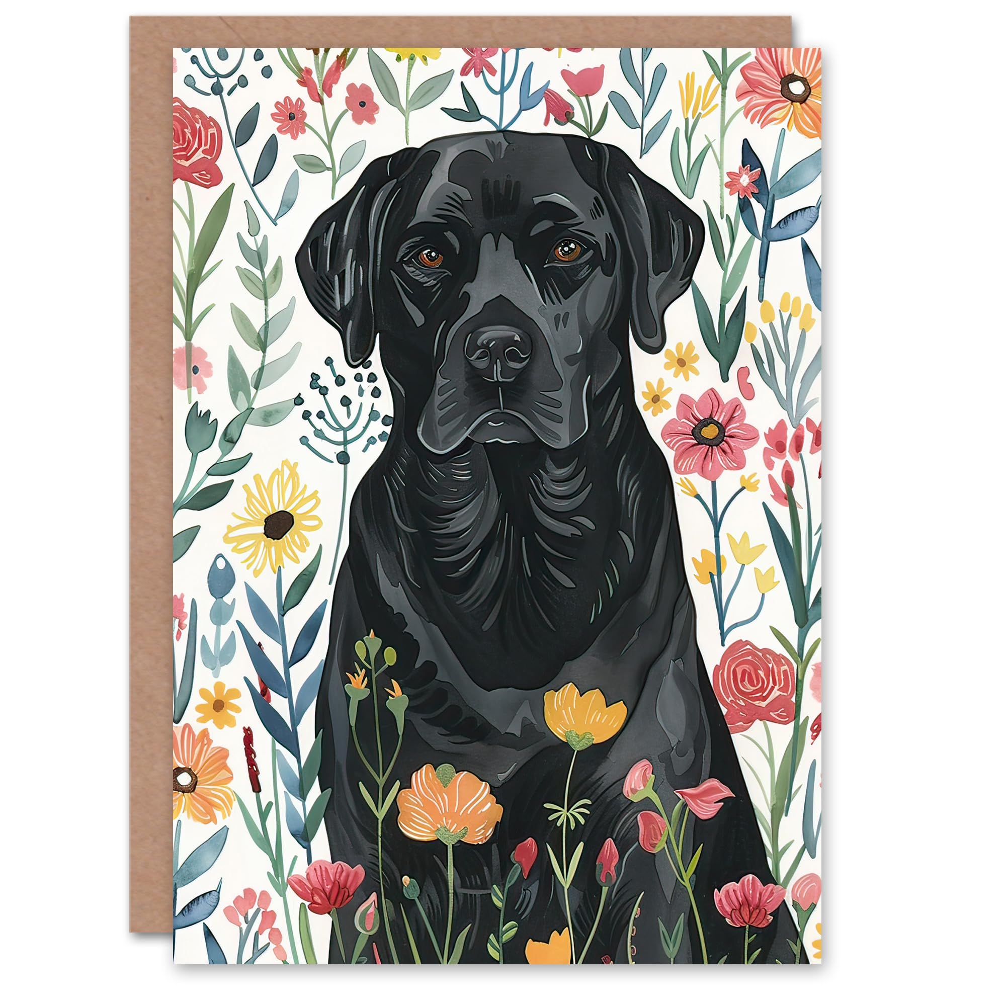 Greeting Card Dog Lover Black Labrador in Wildflower Field Birthday