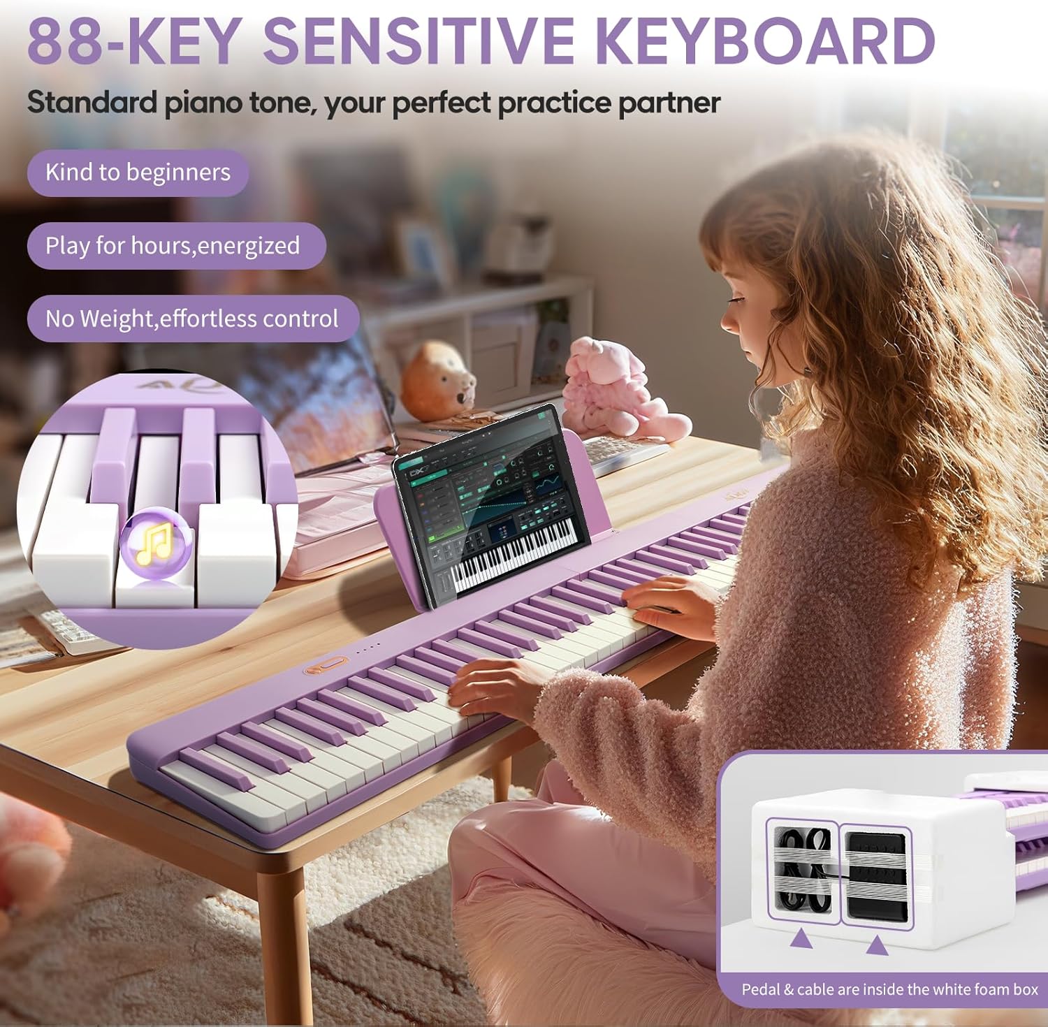 AiJoy Piano Keyboard 88 Keys with Magnetic Connection | for Beginners, Girls Gifts | Portable Foldable Electric Piano Keyboard, Lightweight Purple Keys, Sustain Pedal, Piano Bag(ASP-10M)
