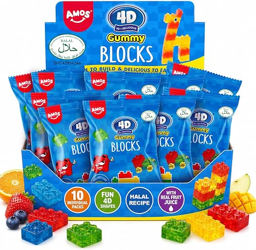 AMOS 4D Halal Gummy Blocks, Naturally Flavored Building Gummy Candy, 10 Snack Packs, 8.47 oz, Party Gifts & Favors