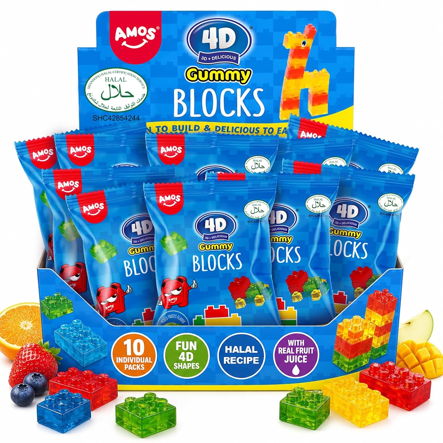 AMOS 4D Halal Gummy Blocks, Naturally Flavored Building Gummy Candy, 10 Snack Packs, 8.47 oz, Party Gifts & Favors