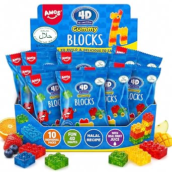 AMOS 4D Halal Gummy Blocks, Naturally Flavored Building Gummy Candy, 10 Snack Packs, 8.47 oz, Party Gifts & Favors