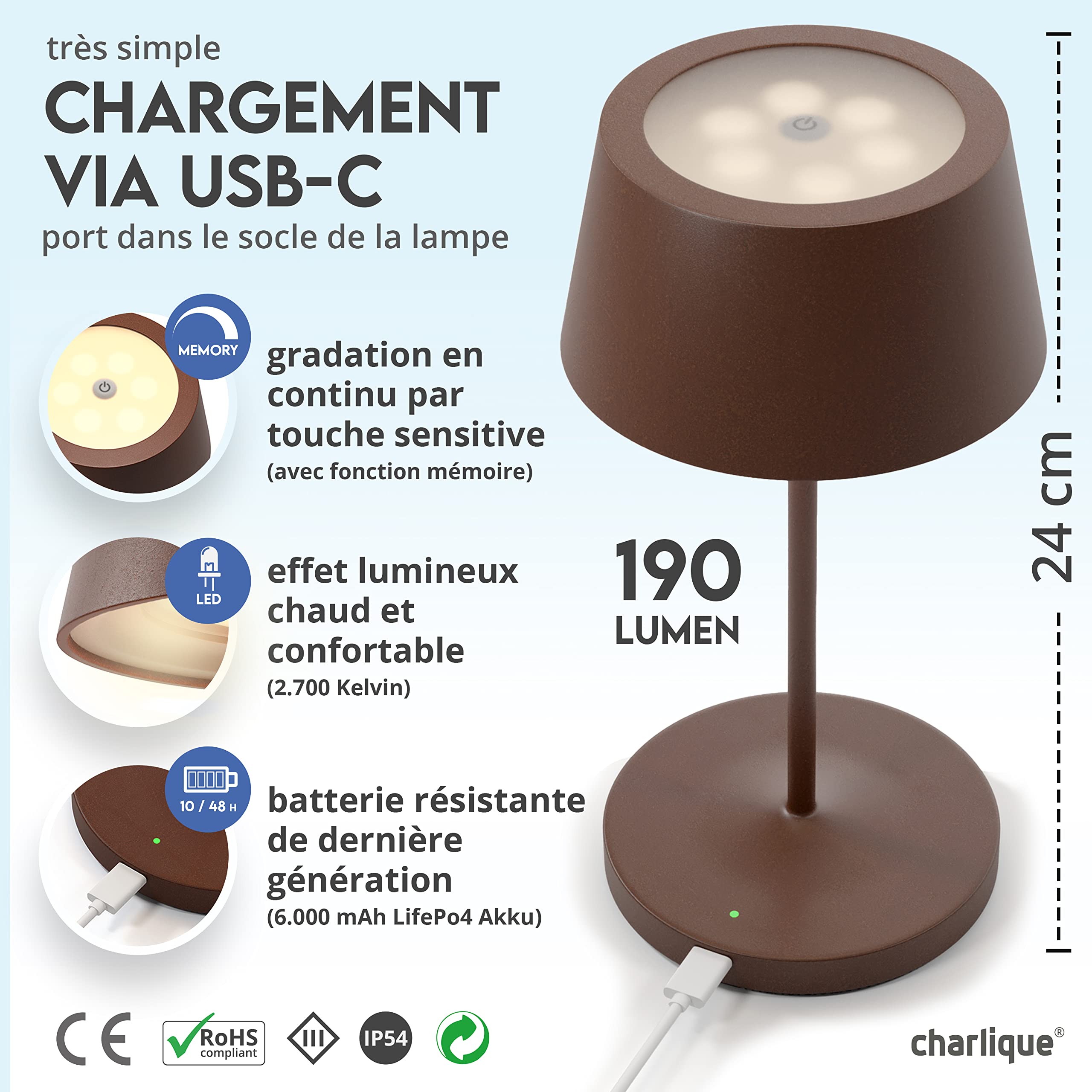Dinner Light 2 mini - Lampe de table design en marron– lumière LED sans fil rechargeable puissante – lampe USB portable et dimmable - pour l'intérieur et l'extérieur