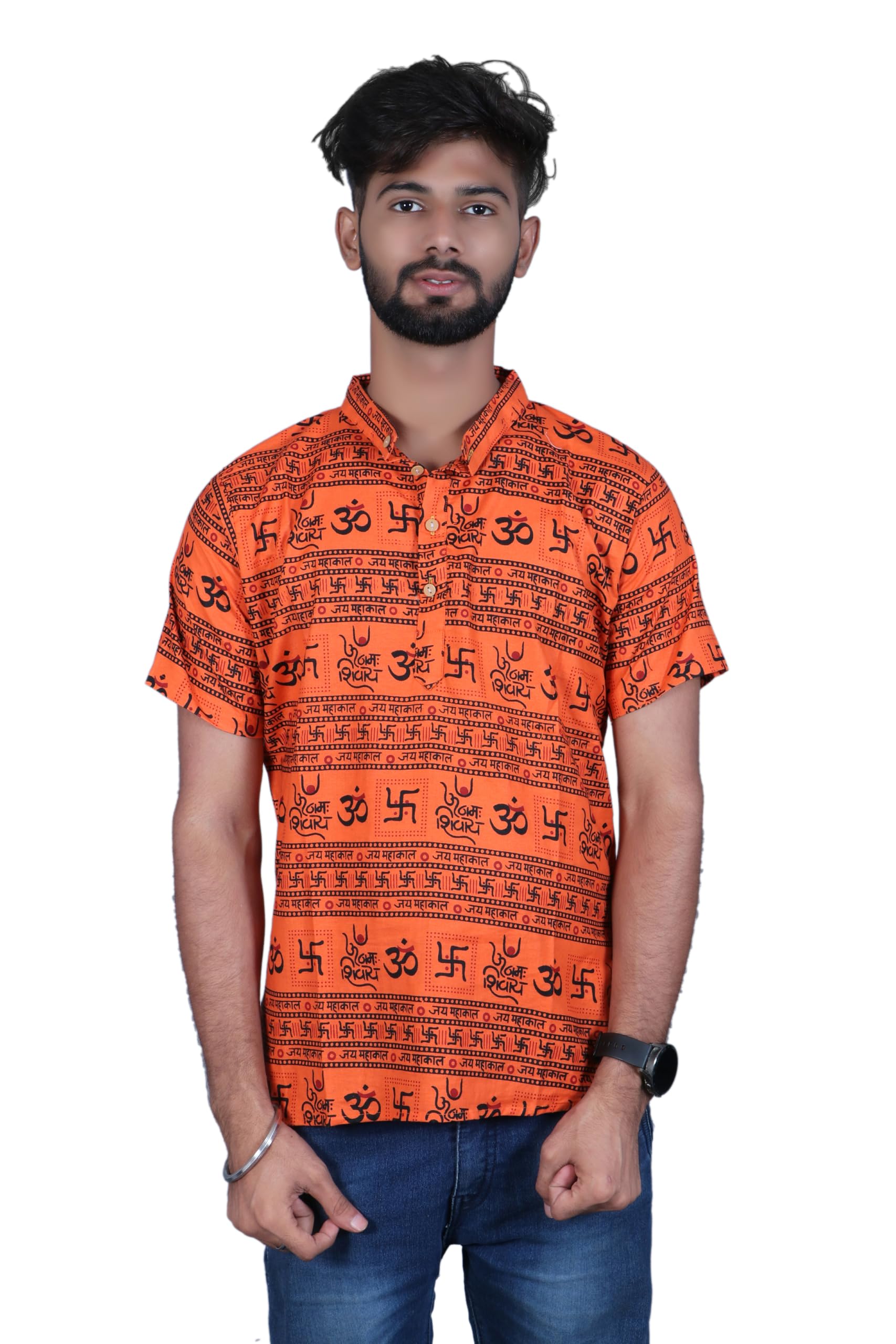 Traditional Om Print Short Sleeve Cotton Kurta in 3 Vibrant Colors; Orange, Yellow and Cream-picture-53