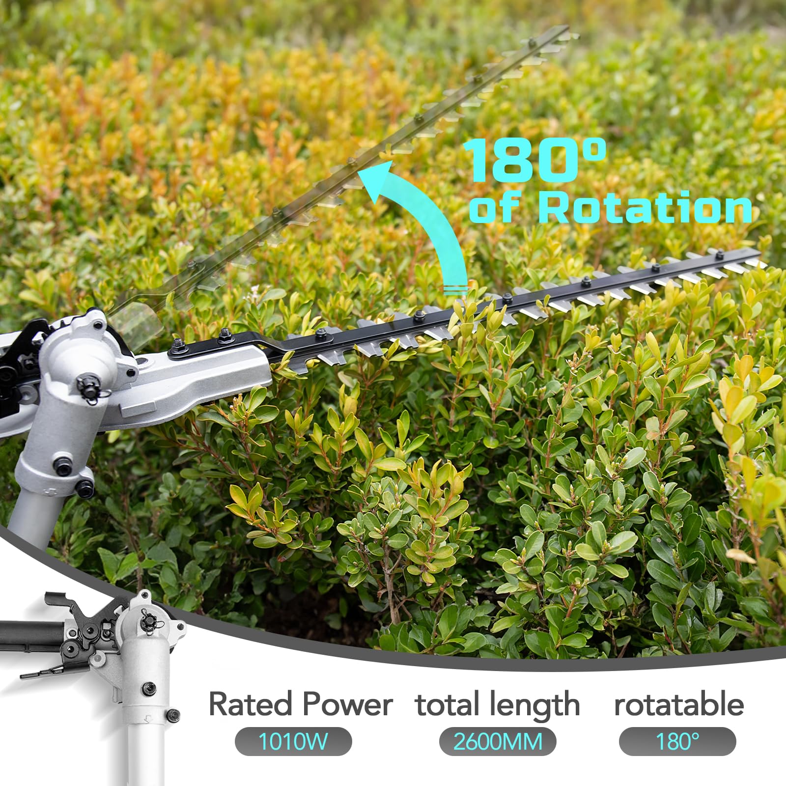 Bluemars Cortasetos de poste resistente de 1100 W, cortador telescópico extensible de 2,6 m de largo alcance para setos, arbustos, ramas, arbustos, cable de 10 m, cabezal ajustable, cuchillas de doble
