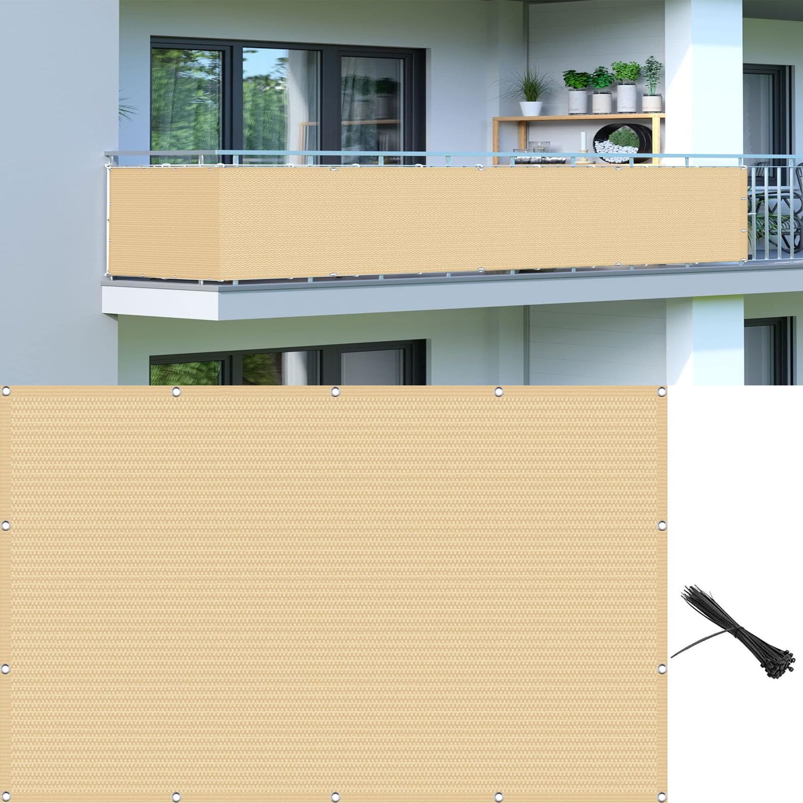 Brise-Vue Balcon 85 x 430 cm Résistant UV Déchirures Vent Pare-Soleil avec Oeillets Jaune Sable