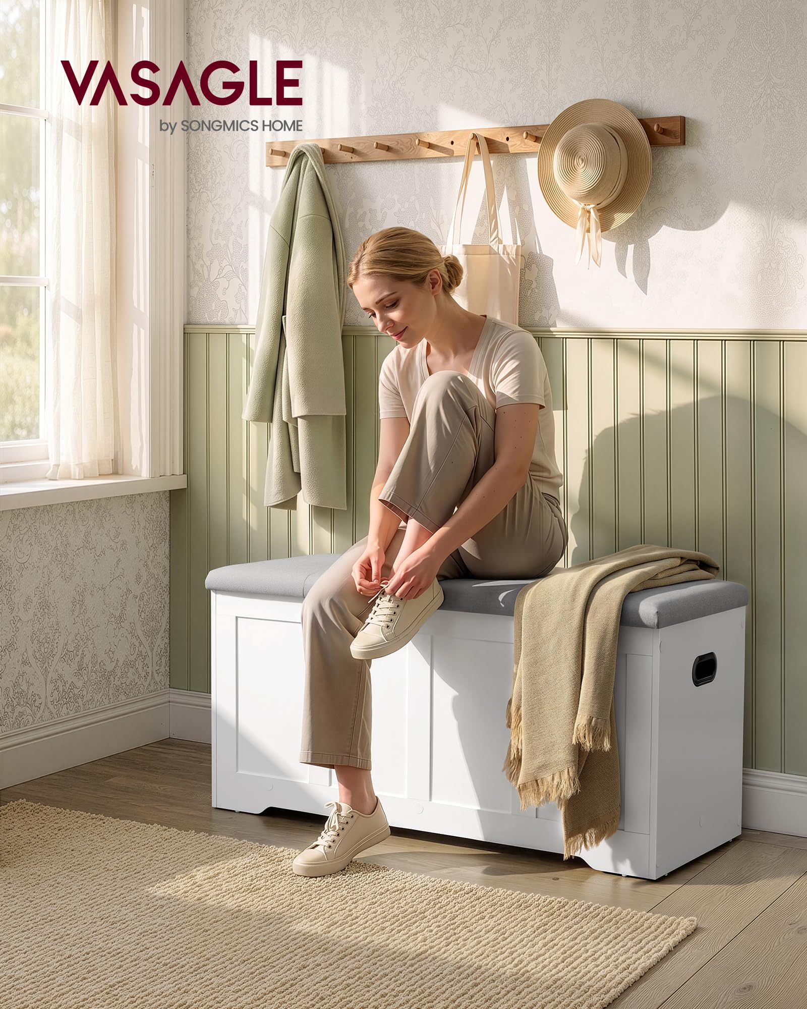 VASAGLE Banco Arcón con Tapa, 2 Bisagras de Seguridad, Banco Zapatero, Estilo Rústico, para Recibidor, Dormitorio, Salón, 41 x 101 x 49 cm, Blanco Mate y Gris Paloma LSB068W101