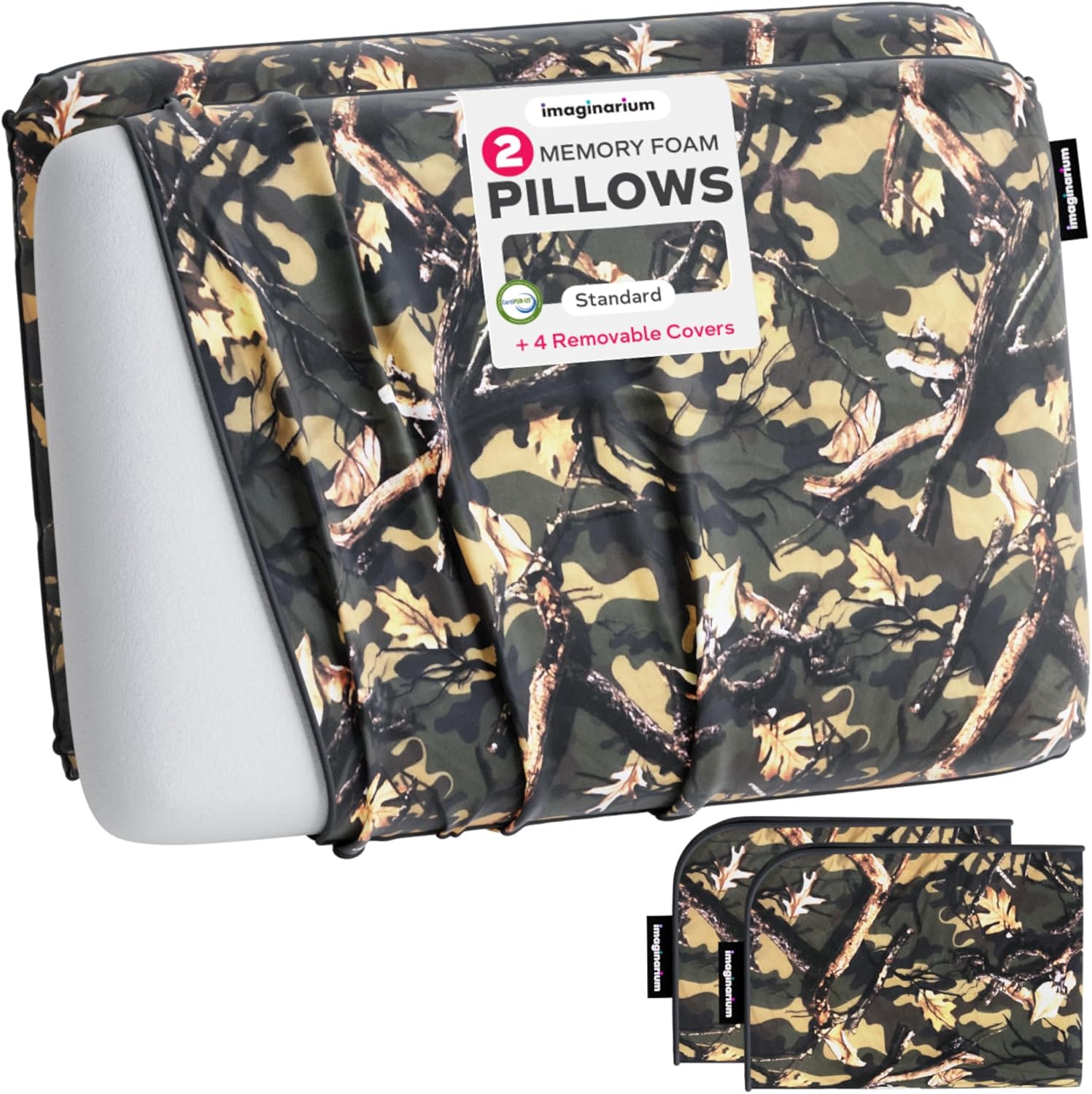 Imaginarium Cooling Memory Foam Fun Pillow with Cool-to-The-Touch Cover 2 Pack (Camo) Plus 2 Additional Pillow Covers