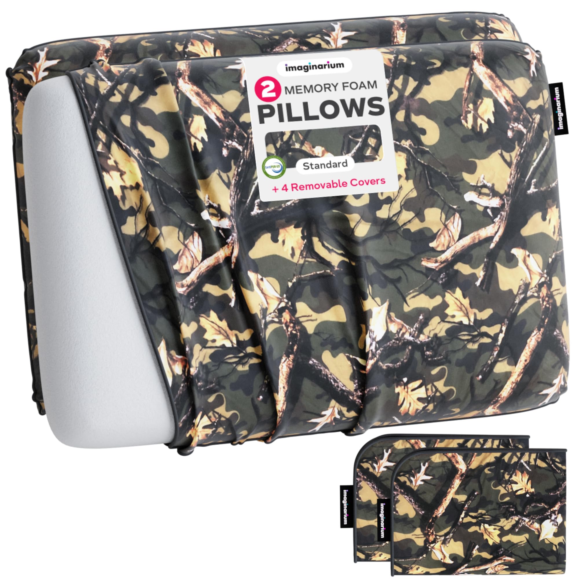 Imaginarium Cooling Memory Foam Fun Pillow with Cool-to-The-Touch Cover 2 Pack Camo Plus 2 Additional Pillow Covers