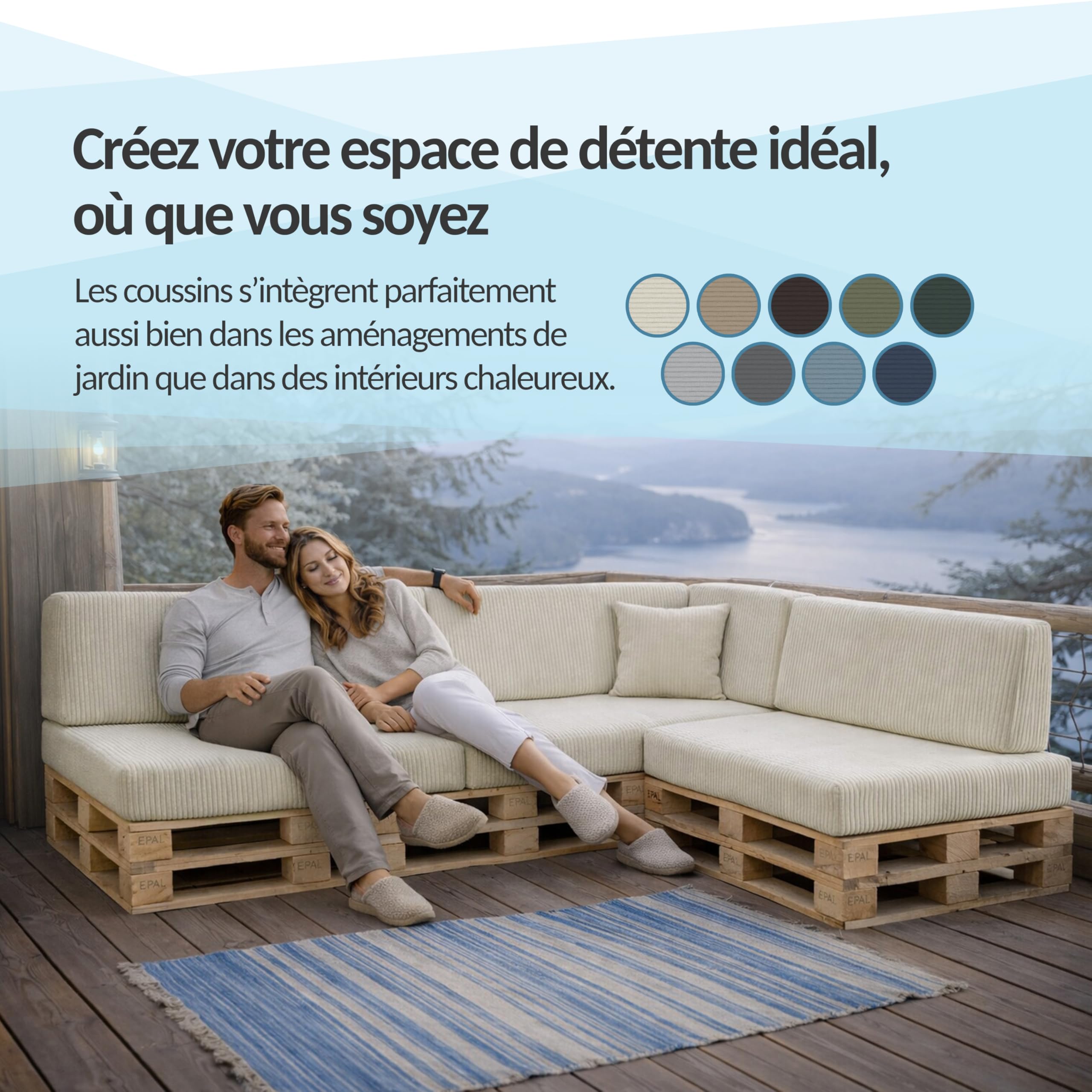 POKAR Set de 2 Coussins pour Palette 1x Assise 120x80 + 1x Dossier 120x40 | Coussins pour Canapé de Jardin en Velours Côtelé | Housses Amovibles | Made in EU | Certifié Oeko-Tex | Ivoire