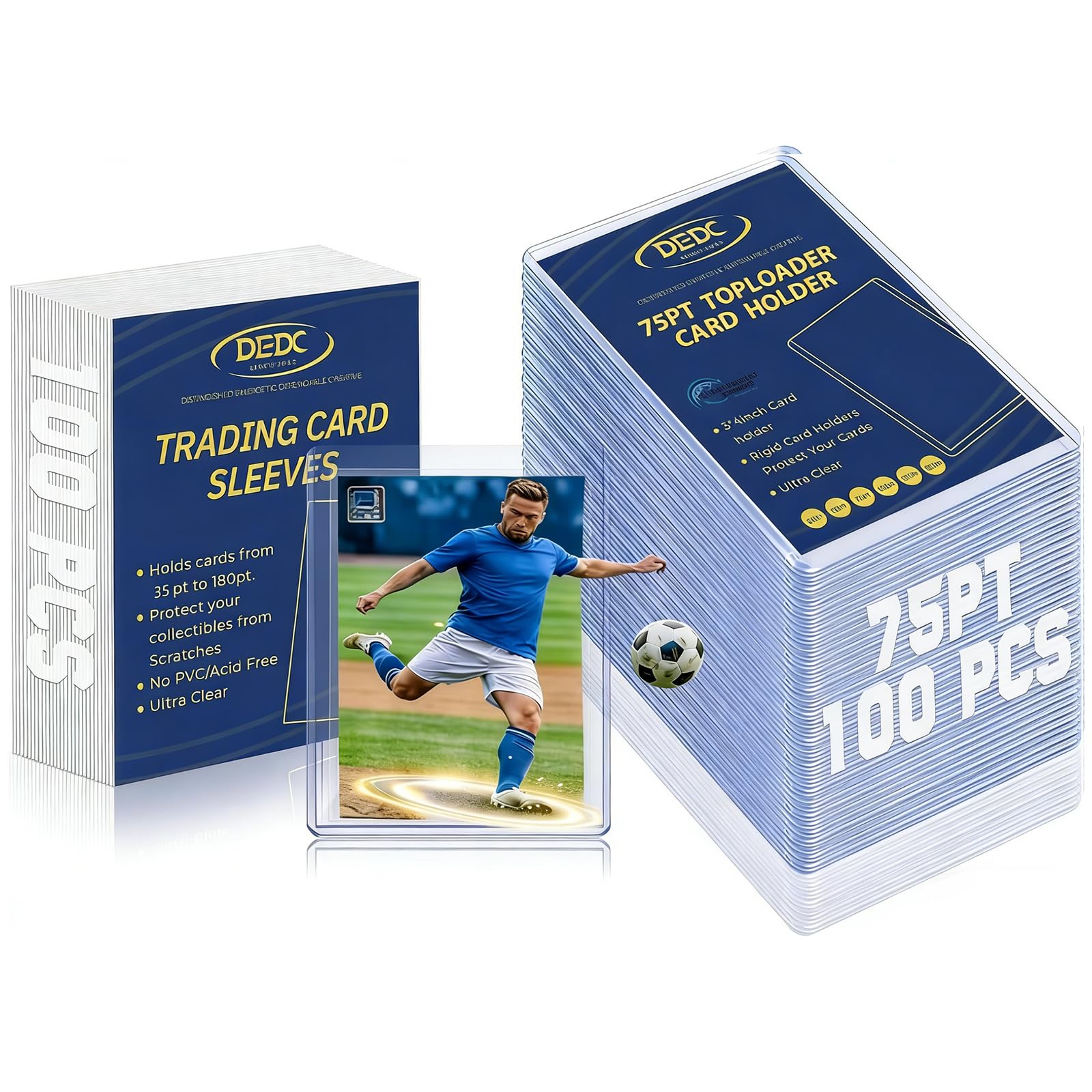 DEDC 75pt Toploads and Penny Sleeves Bundle - 100 Rigid Hard Sleeves &amp; 3" x 4" Acid-Free Soft Card Sleeves for Thick Sports Cards and Memorabilia - Ultra Clear UV Protection Archival Storage