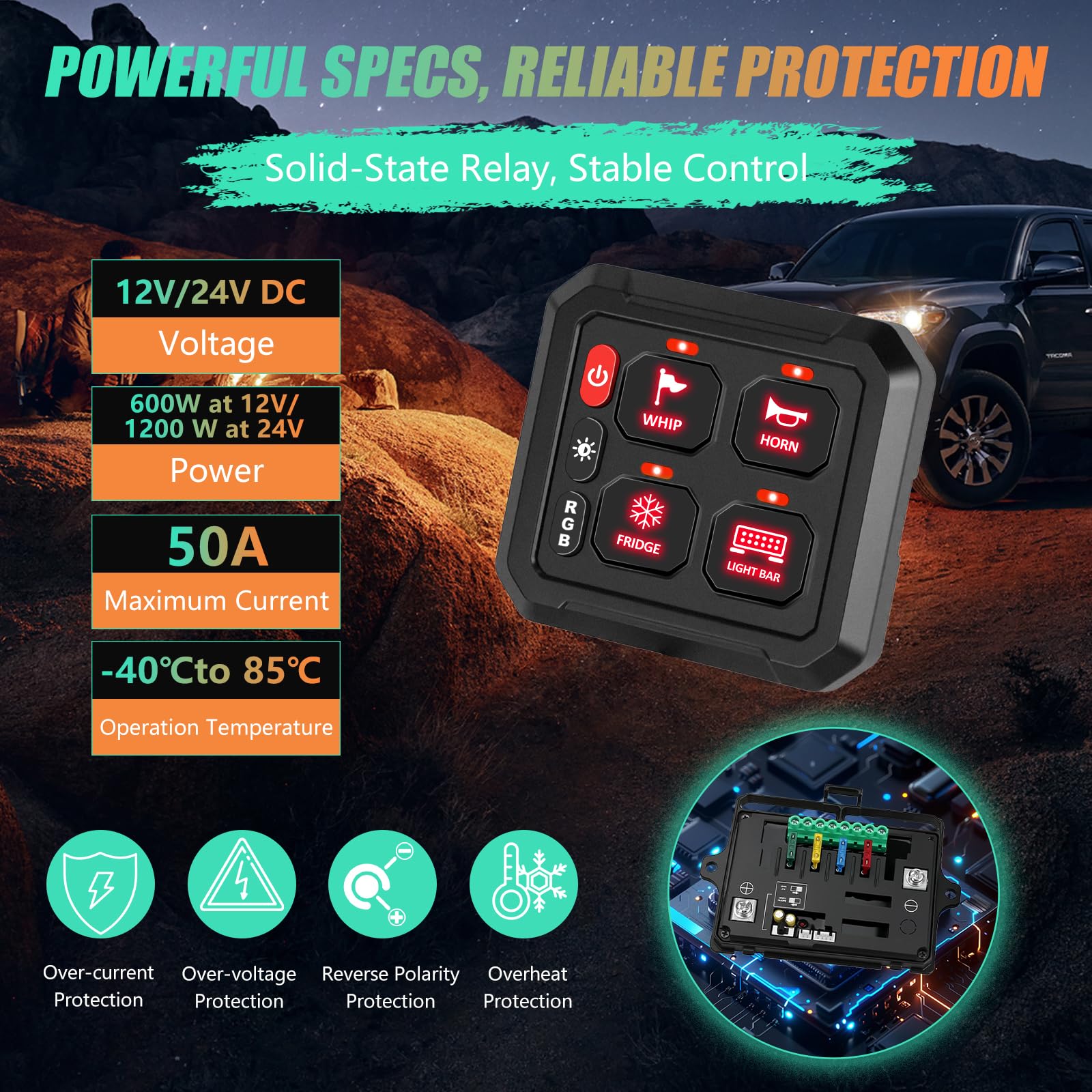 Chelhead 4 Gang 12V-24V Schalter Panel RGB Bluetooth App | Multifunktions Kippschalter mit 6 Helligkeitsstufen und App-Steuerung. Bluetooth Reichweite 10m, für 12V-24V Fahrzeuge