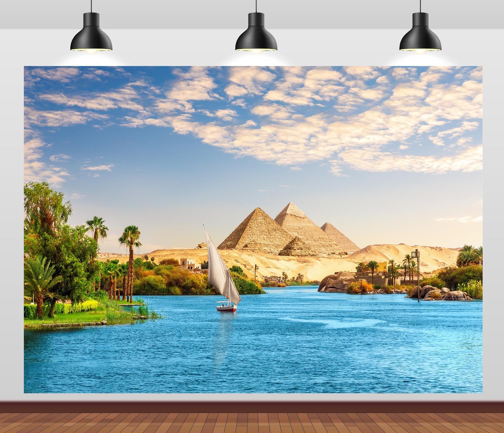 BELECO 7x5ft Fabric Egypt River Nile Backdrop Famous Nile Sailboat, Aswan City, Pypamids of Egypt Background for Africa Egyptian Party Decorations