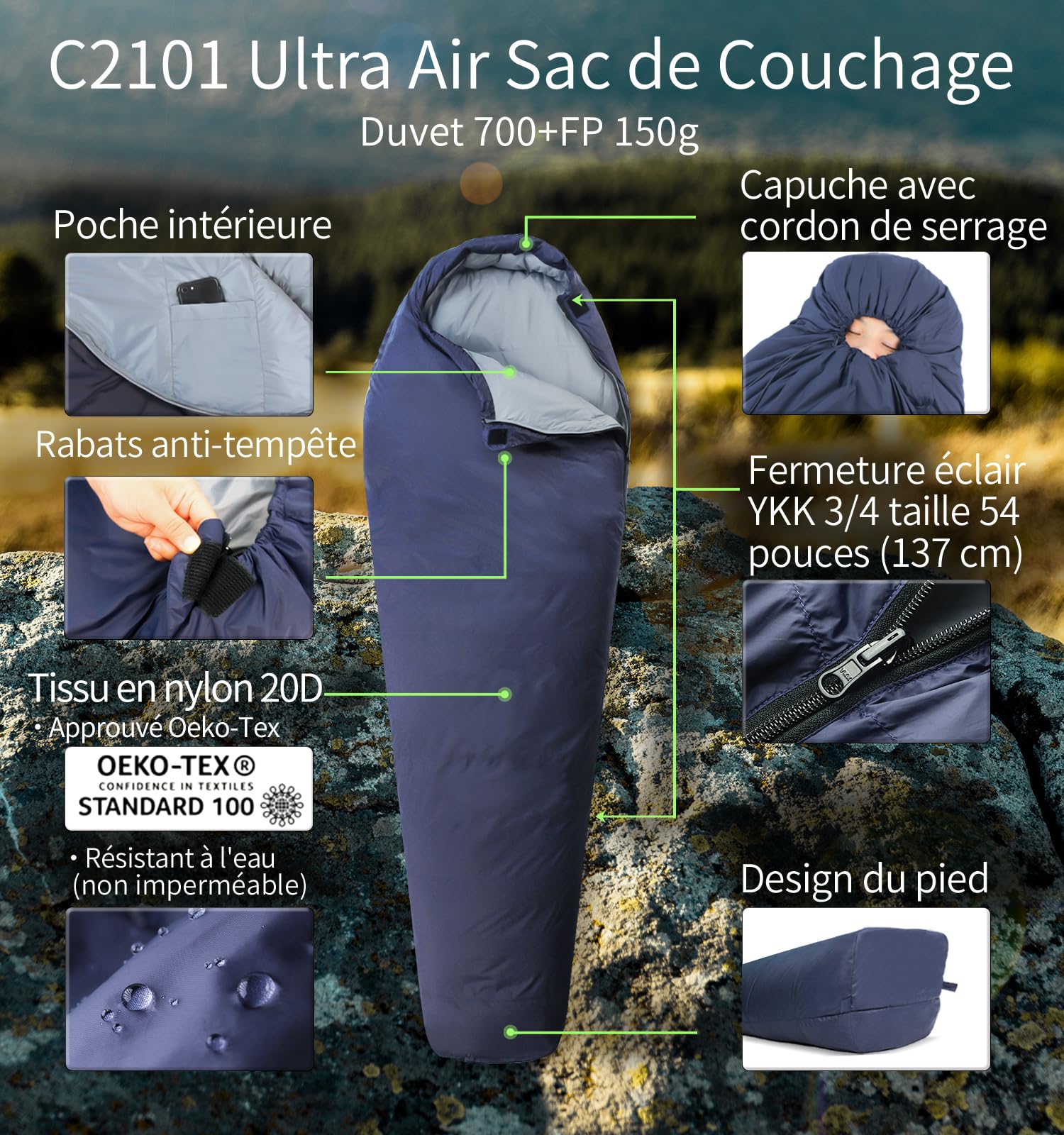 Litume Sac De Couchage D'Été 3 Saisons Momie Ultra-Léger en Duvet, 6°C - 20°C, 700+ FP, Compact Et Portable pour Randonnée, Voyage, Camping, Extérieur, Adulte, Durable