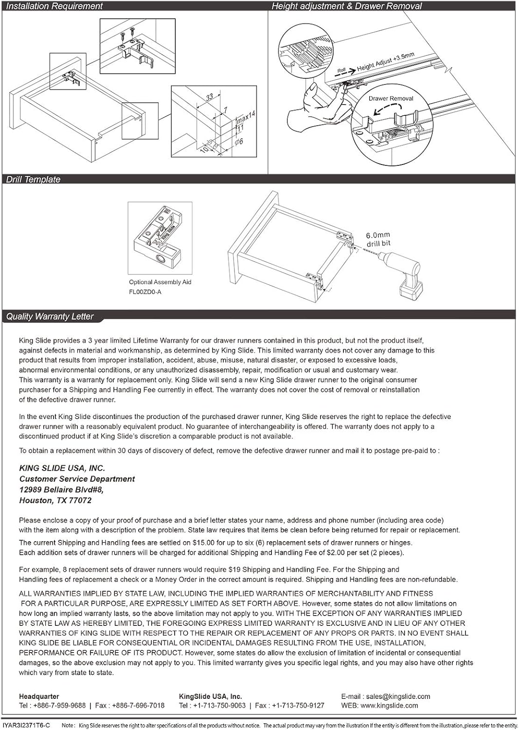 ULead 1T68F, 15 Inch Soft Close Undermount Drawer Slide for Face Framed Cabinets w/Height Adjustment, 66 lb Loading, 5/8" Wall Thickness, 6 Sets/Carton