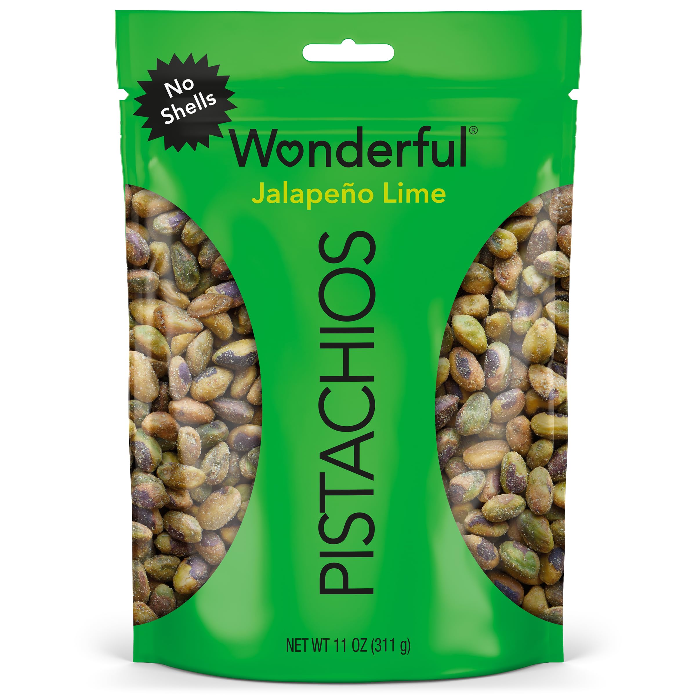 Wonderful Pistachios No Shells, Jalapeño Lime Flavored Nuts, 11 Ounce Resealable Bag, Spicy Nuts, Protein Snacks, Gluten Free Pantry Staples, Healthy Snacks