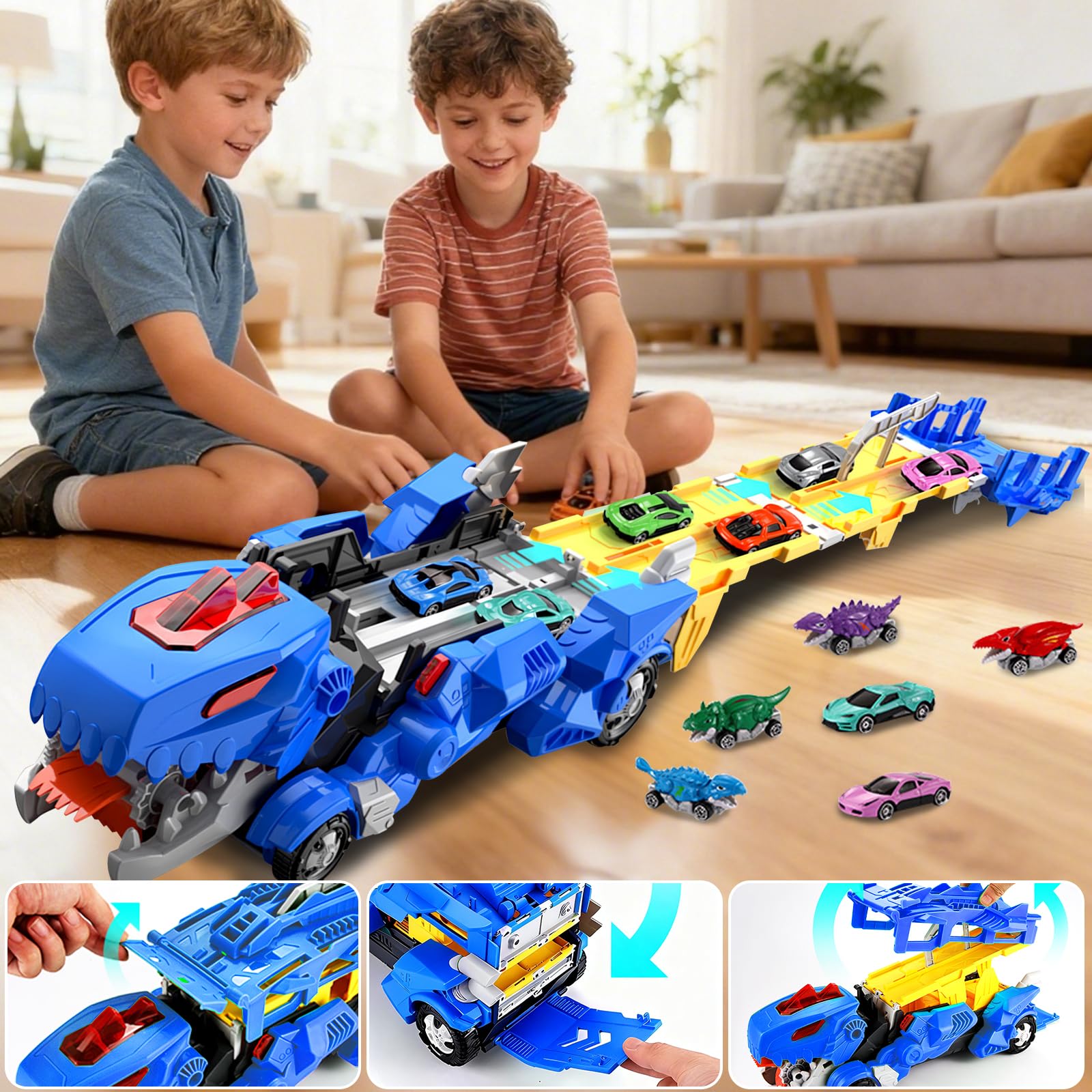 Camión de Transporte de Dinosaurios Coches de Juguete para niños con 12 Mini Coches, 3 en 1 Plegable portátil Pista de Carreras Coche de Juguete, para niños de 3, 4, 5, 6, 7, 8 Años