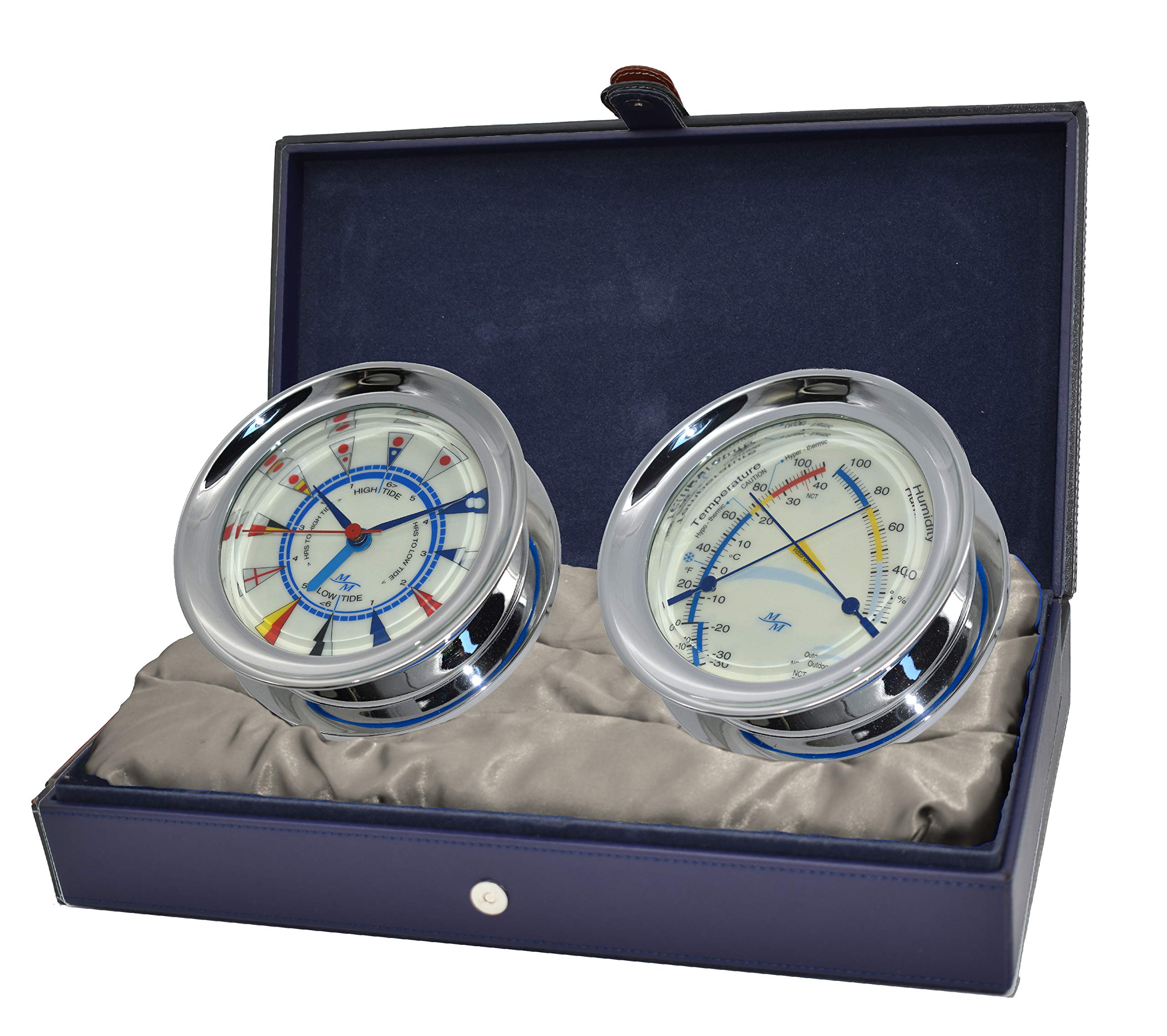 Master-Mariner American Voyager Collection, Nautical Windlass Gift Set, 5.85" Diameter Time & Tide Clock and Comfort Meter Instruments, Chrome Finish, Ivory Signal Flag dial