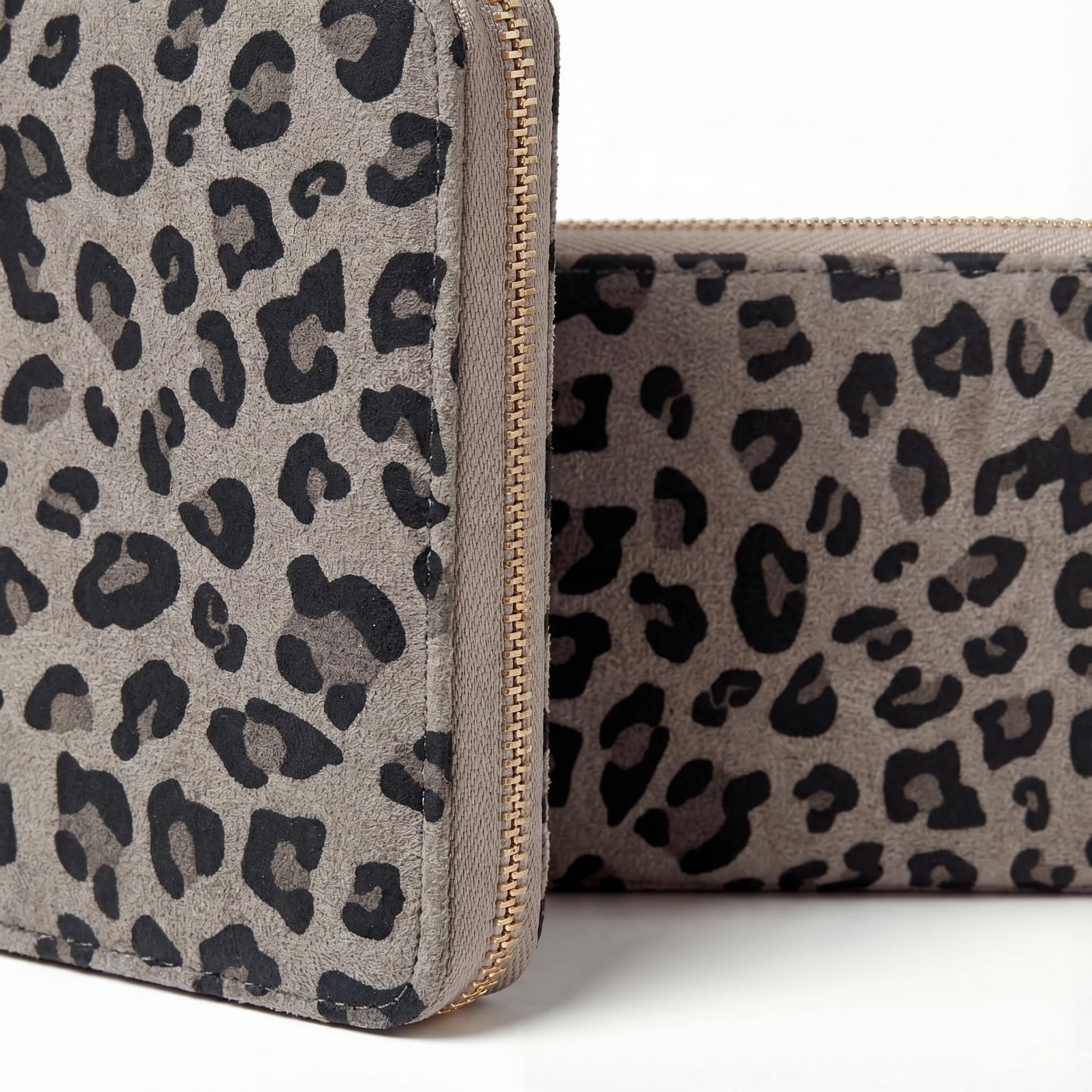 MillyMilk® Savana Large – Großer Leo Portemonnaie & Geldbeutel für Damen – Geräumige Geldbörse im Leopard Design in Wildlederoptik Animal Print – Stilvolle Clutch Wallet (Leo GRAU)
