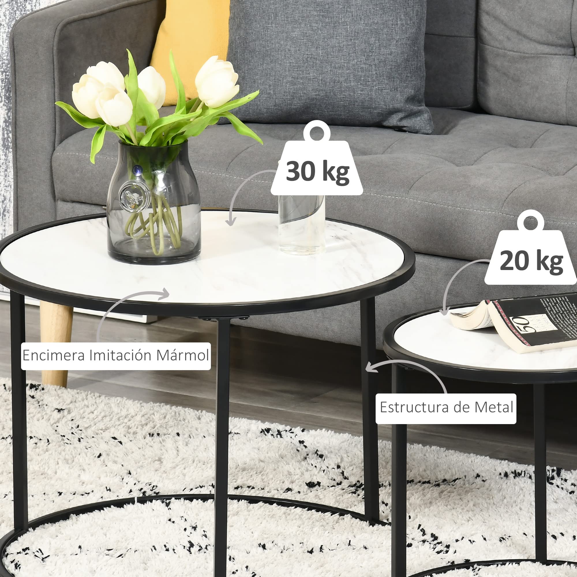 HOMCOM Juego de 2 Mesas Auxiliares Redondas Apilables Mesas Nidos Modernas con Encimera en Efecto de Mármol y Marco de Acero Ø60x46 cm y Ø40x40 cm Blanco