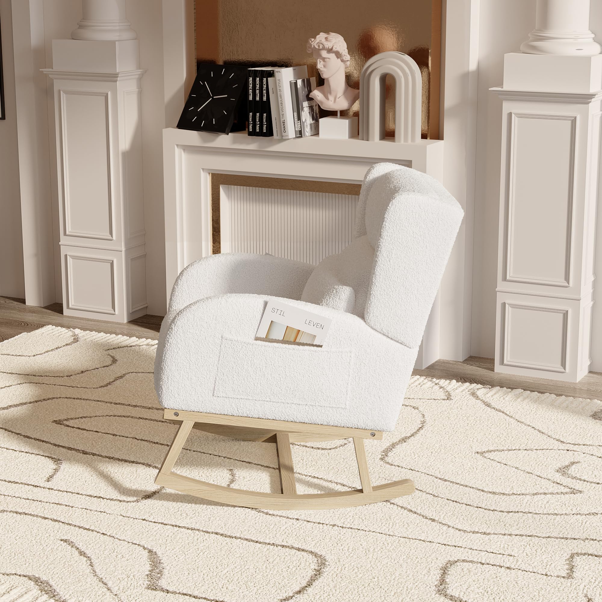 Sillón de lactancia con cojín, Silla mecedora con bolsillos, Mecedora interior exterior, Silla de lactancia para habitación del bebé, Silla mecedora para habitación, Balcón (Blanco-3, 65x92x89