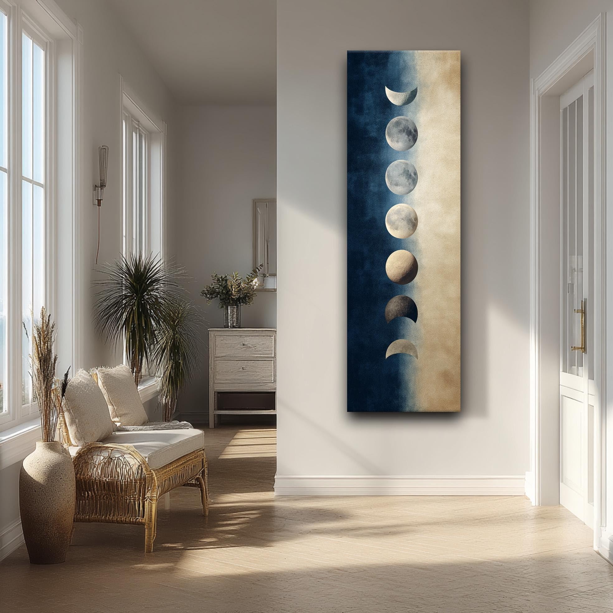 TONGYINLI Tableau mural vertical sur toile représentant les phases de la lune, style bohème, affiche lunaire beige et bleue, décoration murale pour chambre (35 x 105 cm/cadre intérieur)
