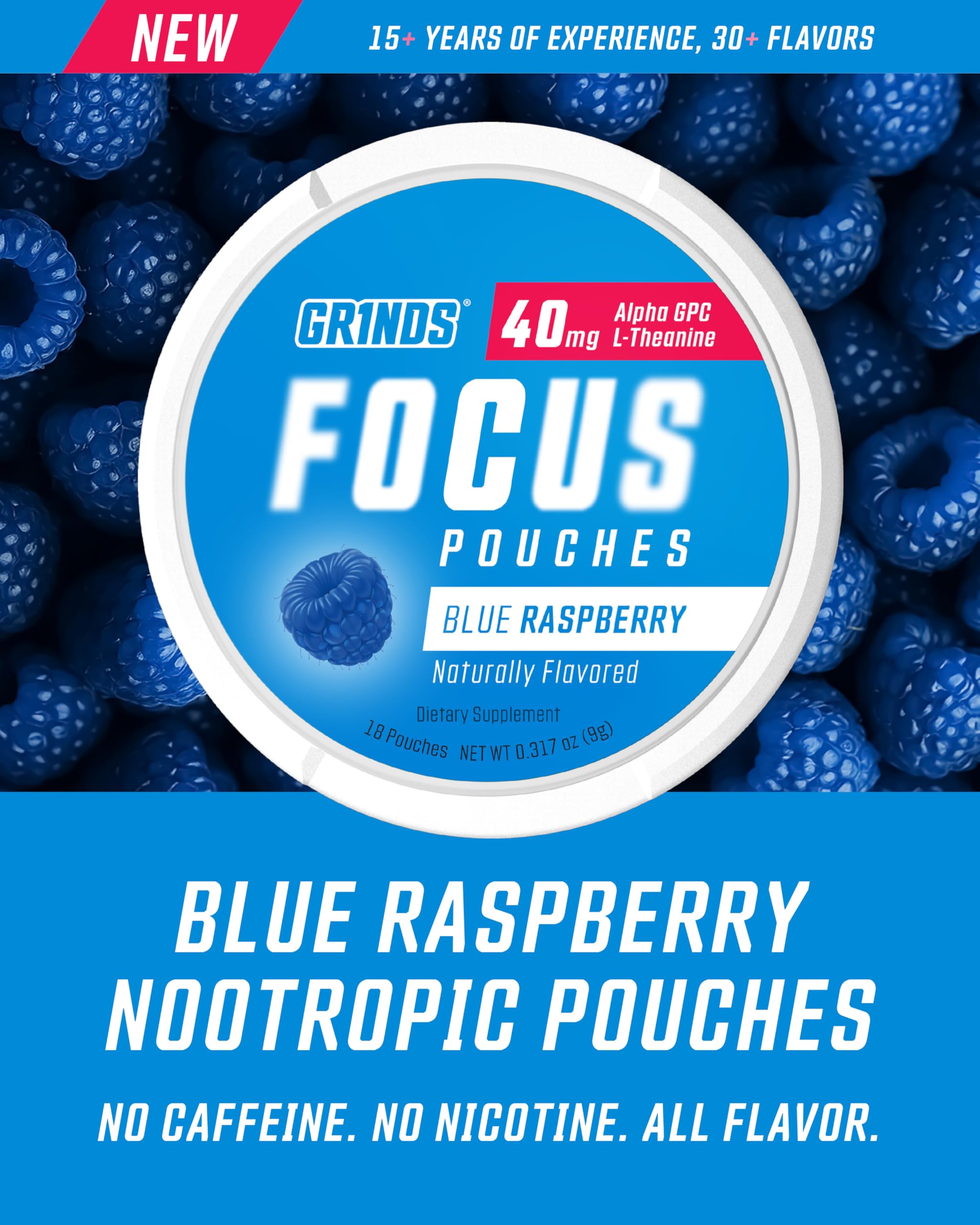 GRINDS Focus Nootropic Pouches, Alpha GPC + L-Theanine, Blue Raspberry — Amazon image 2