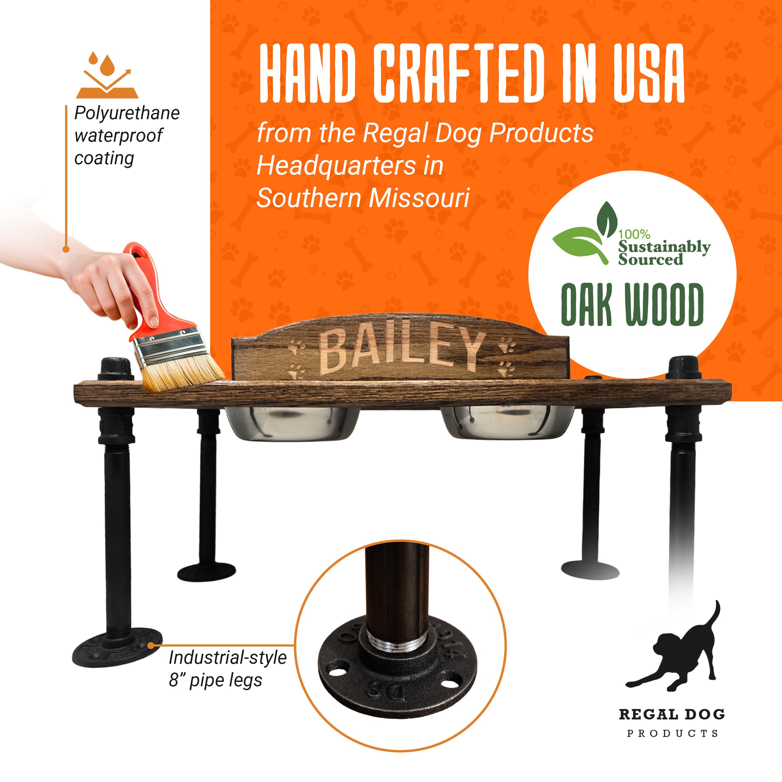 Soporte elevado para cuenco para perros con cuencos de acero inoxidable, comedero elevado para perros, madera de roble con patas de tubo industriales, acabado impermeable, hecho a mano en Estados