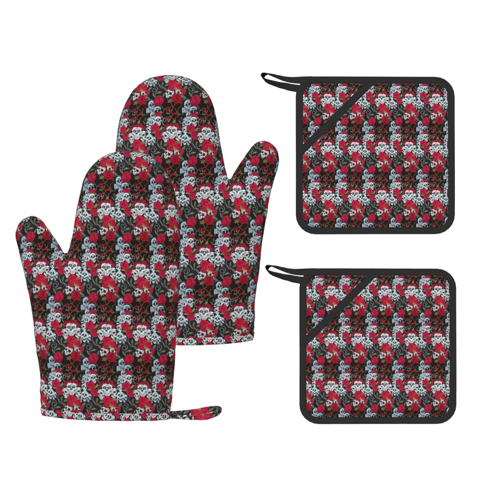 Nimongt Black Rose Skull Eyes Print Heat Resistant Gloves Pads Reusable Kitchen Set Oven Baking Grilling Cooking