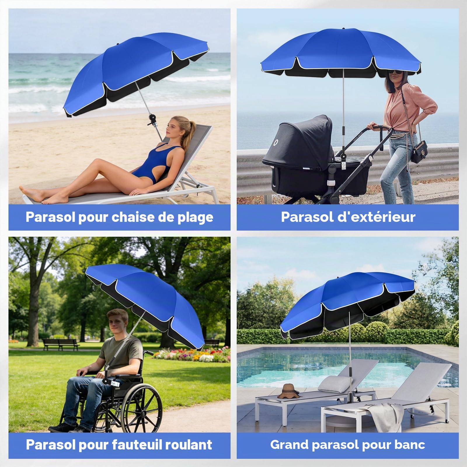 Lot de 2 parasols de plage pour chaise avec pince universelle, réglables à 360°, protection UV SPF 50+, parasol portable avec clip pour chaises de plage, poussette et chariot de golf