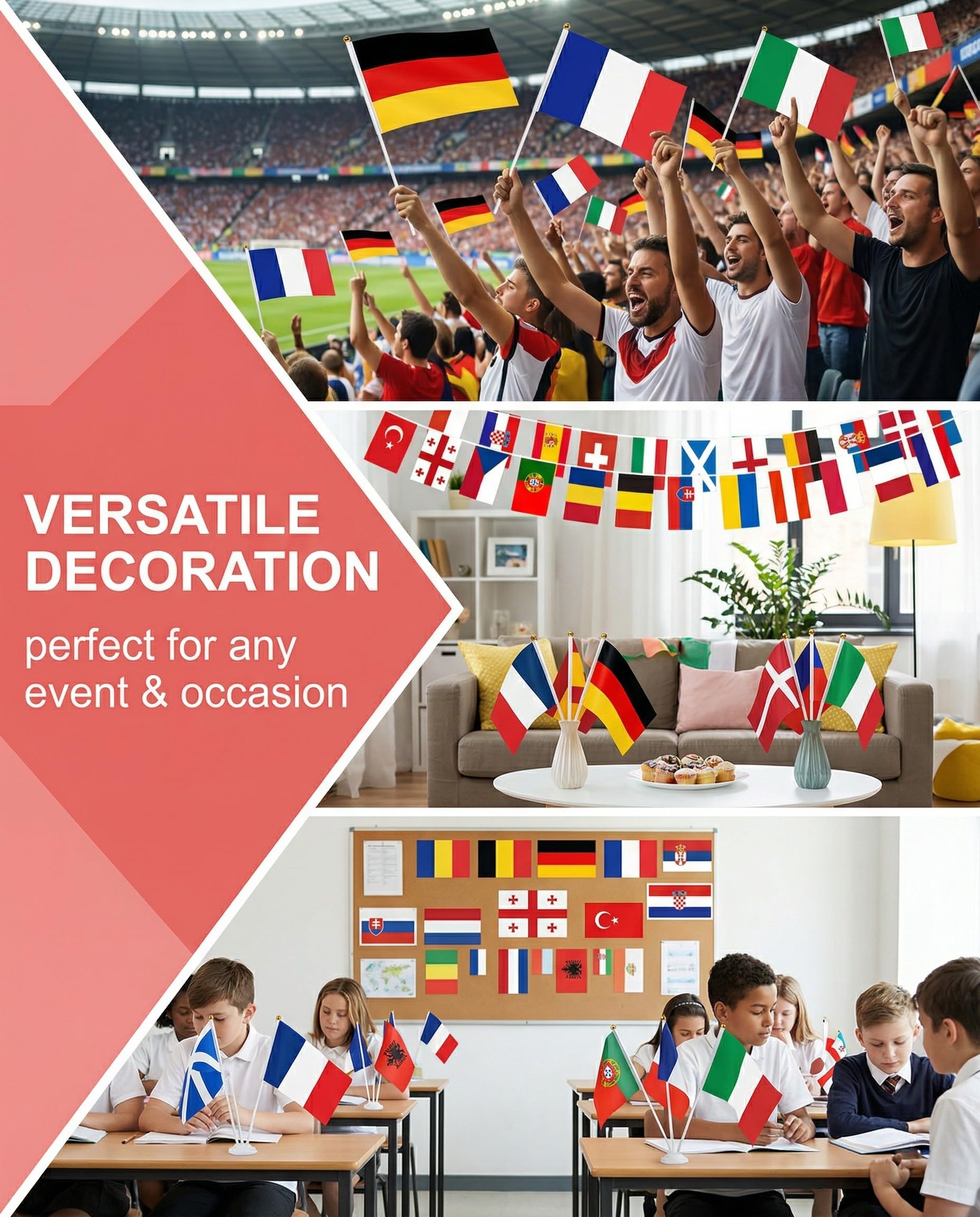 Banderas Países Europeos 24 Unidades Doble Cara con Palo para Mundial Eurocopa Fútbol Fiestas Decoración Eventos Deportivos