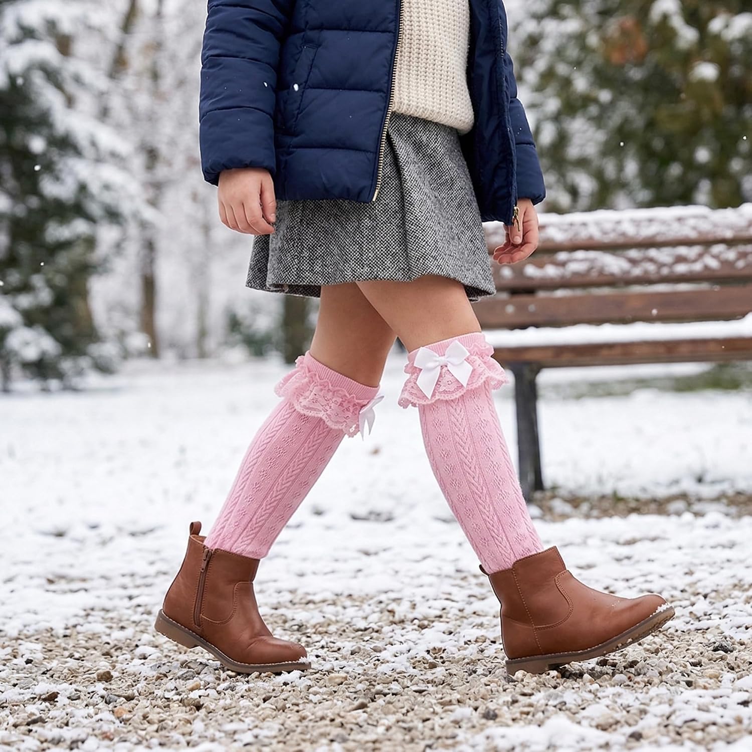 Girls Ruffle Knee High Socks, Princess Bow Lace Calf High Socks, 3 Sizes for Kids (US 7-8 Toddler to 6-8 Big Kid)