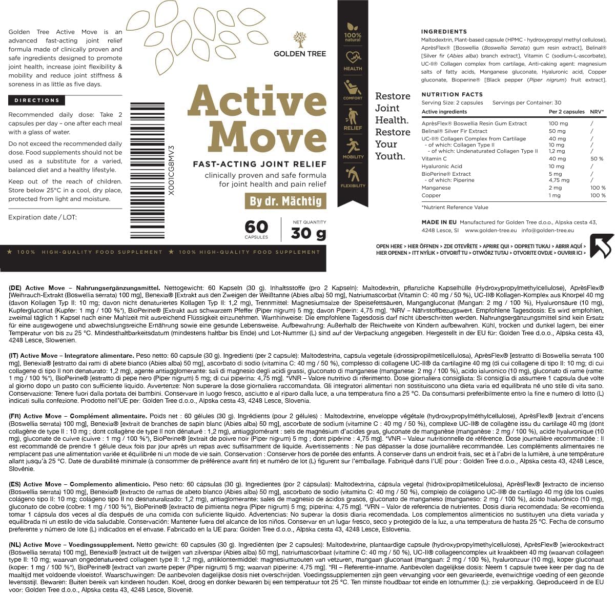 Golden Tree Active Move – Complemento Articulaciones, 60 Cápsulas | Con Boswellia, Ácido Hialurónico, Colágeno UC-II y Vitamina C – Cápsulas de Soporte Articular