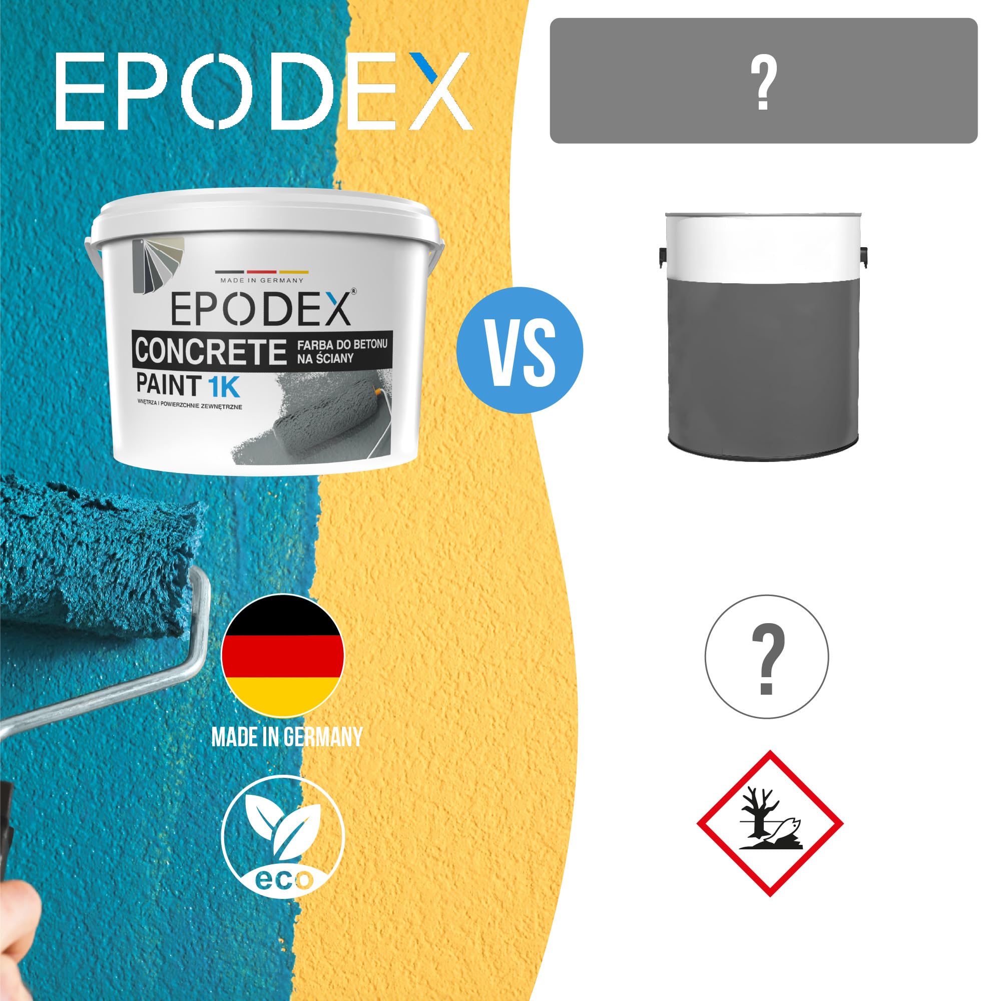 EPODEX FARBA DO BETONU 1K, Farba do podłóg i ścian, Wysokie krycie, odporna na UV i ścieranie, Do wnętrz i na zewnątrz, 2kg (16m² na warstwę) - Polar White