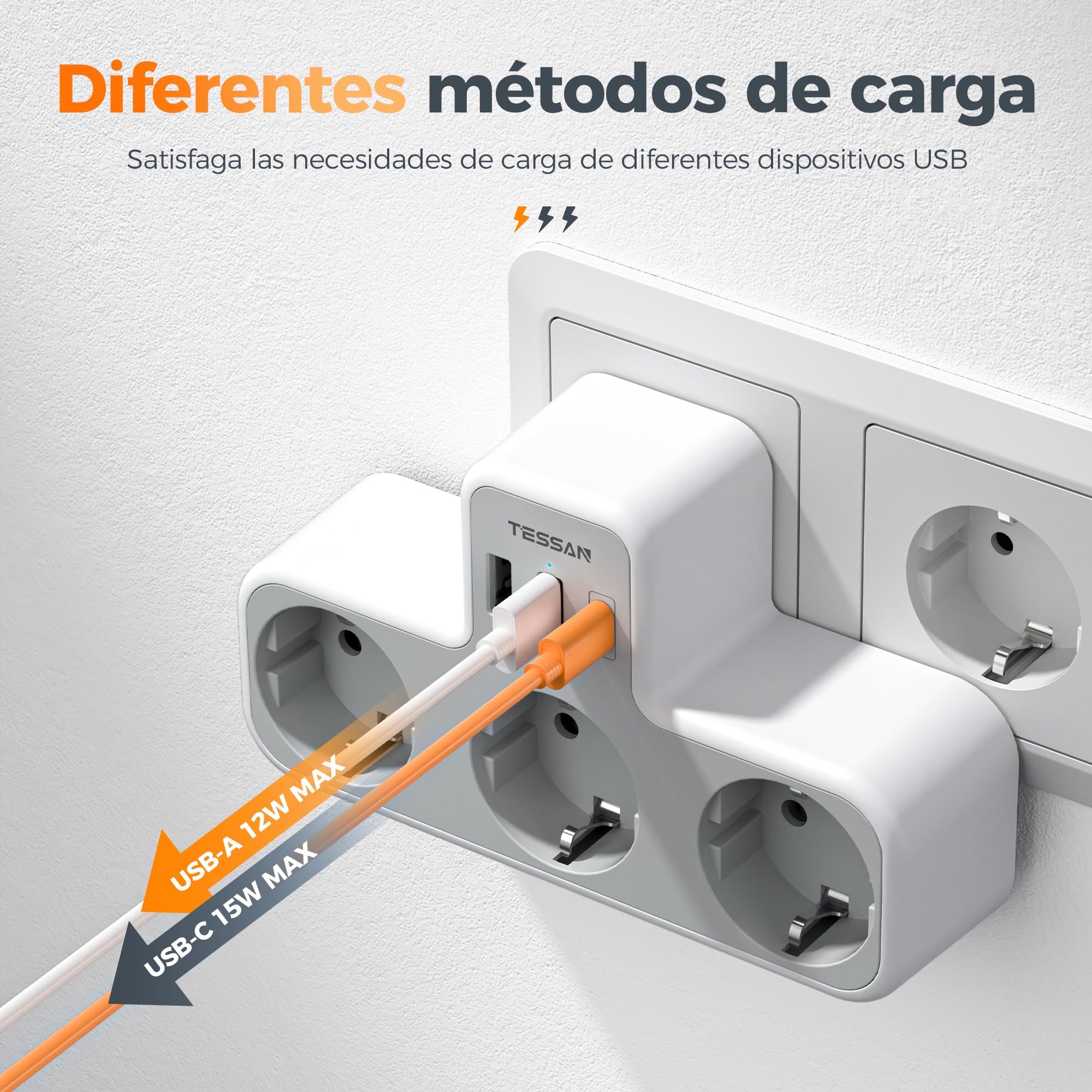 TESSAN Ladron Enchufes Plano con USB C, 6 en 1 Ladrón Enchufes Multiples USB, Triple Cargador Multiple 3600W, Regleta Pared para Oficina, Cocina, Compatible con Móviles, Blanco y Gris