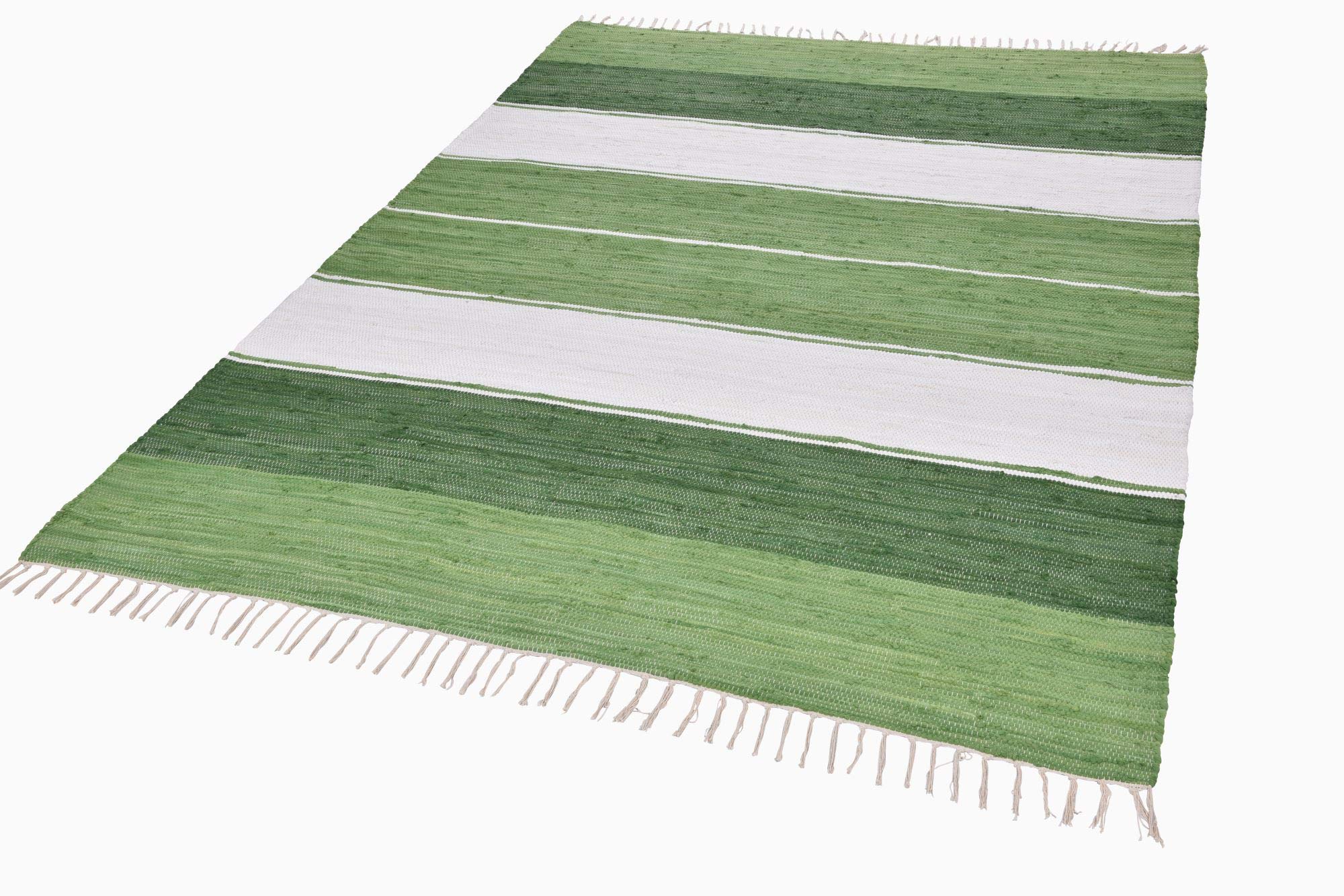 Dhurry | Fleckerl | Flachgewebe-Teppich aus 100% Baumwolle; handgewebt, waschbar, beidseitig verwendbar |160 x 230 cm; Farbe: Grün Multi | Happy Design