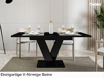 MEBLINI Esstisch Ausziehbar - Esszimmertisch Modern - Küchentisch - Säulentisch - Ausziehtisch - Dining Table - Esszimmertische - 120-160x80x75cm - MASIV - Schwarz Hochglanz