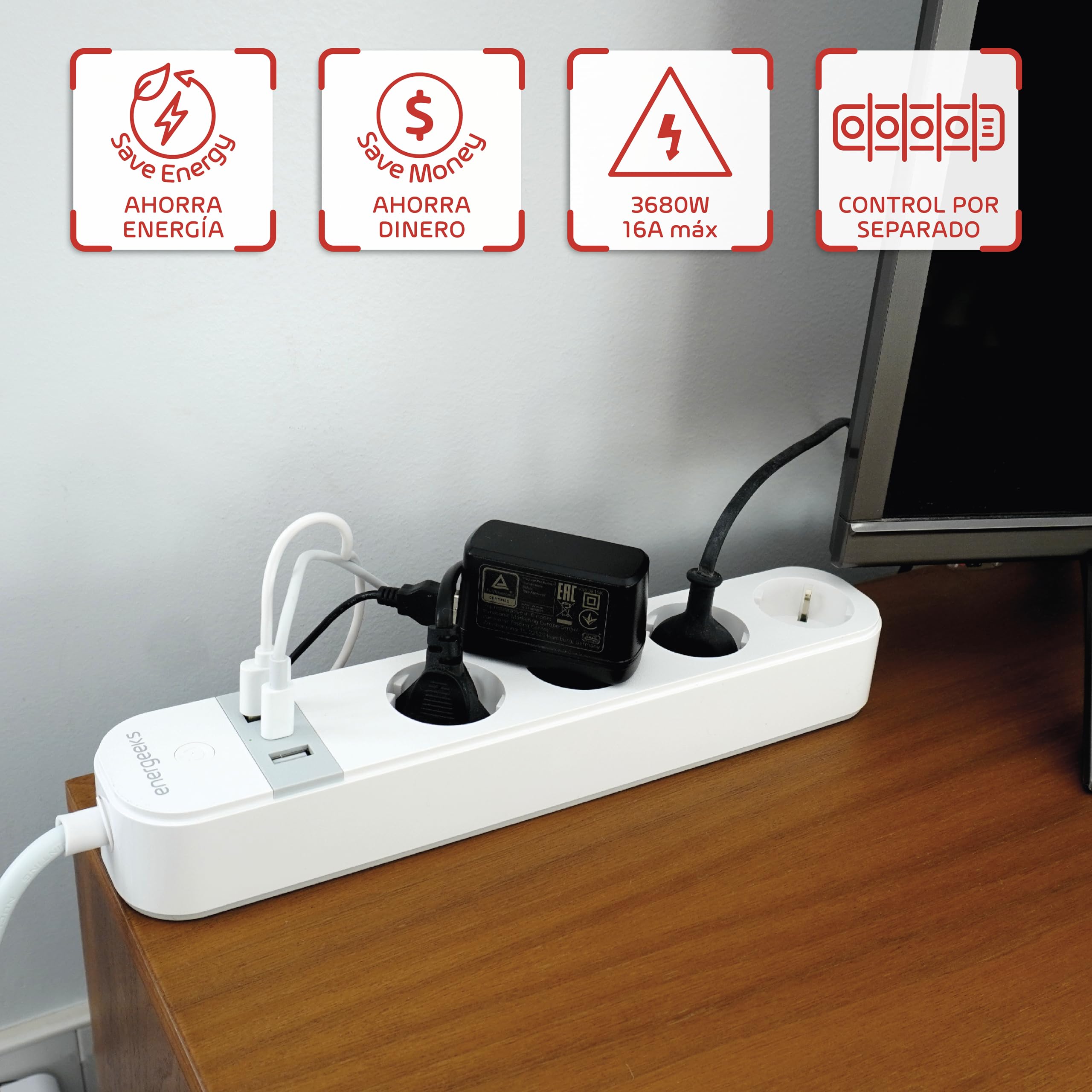 Energeeks - Regleta Enchufe WiFi Inteligente - Medidor de Consumo Integrado - 4 Entradas - 2 USB - 1 USB-C - Tipo Schuko - 2,4 GHz - 16A/3680W - 240V/60Hz - App Móvil - Compatible con Alexa y Google
