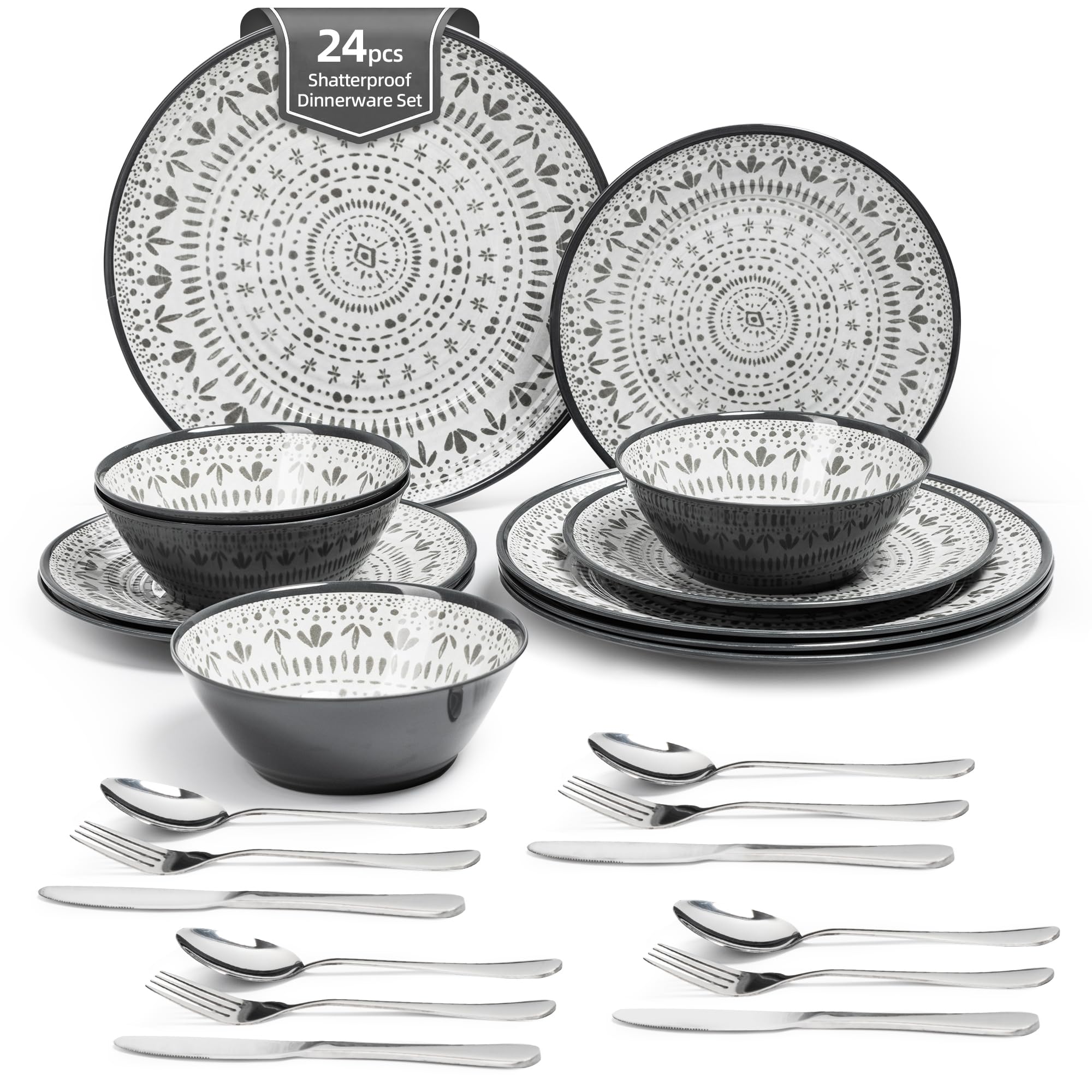 24PCS Melamin Geschirrset Campinggeschirr für 4 Personen, Teller Set & Tafelservice mit Besteck - für Unterwegs & Outdoor