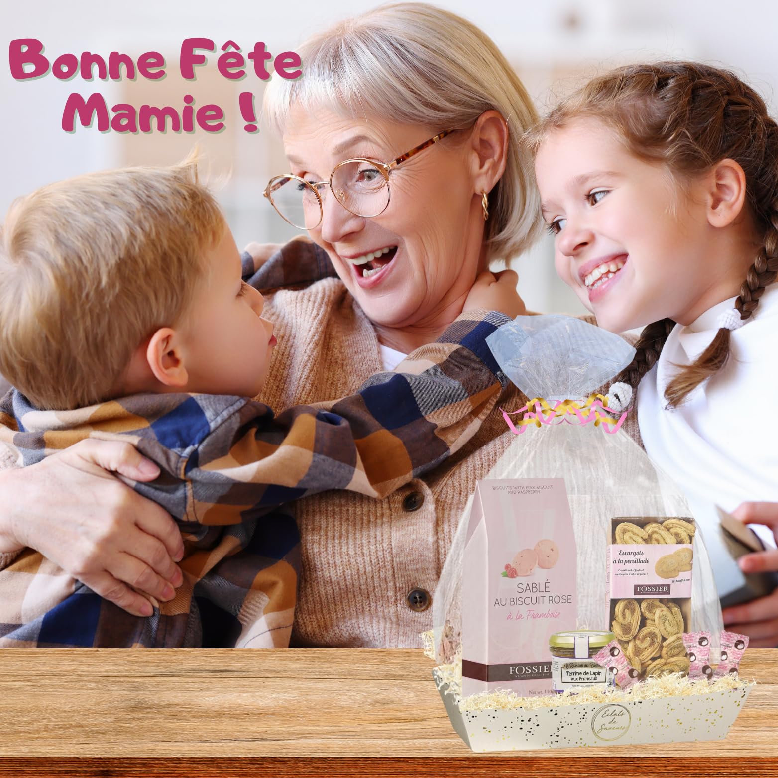 Corbeille FOSSIER-MONBANA : biscuits, guimauves, Terrine et Feuilletés | Terrine, feuilletés salés et biscuits roses de Reims Fossier - cadeau fête des Mères, fête des Pères, anniversaire, femme