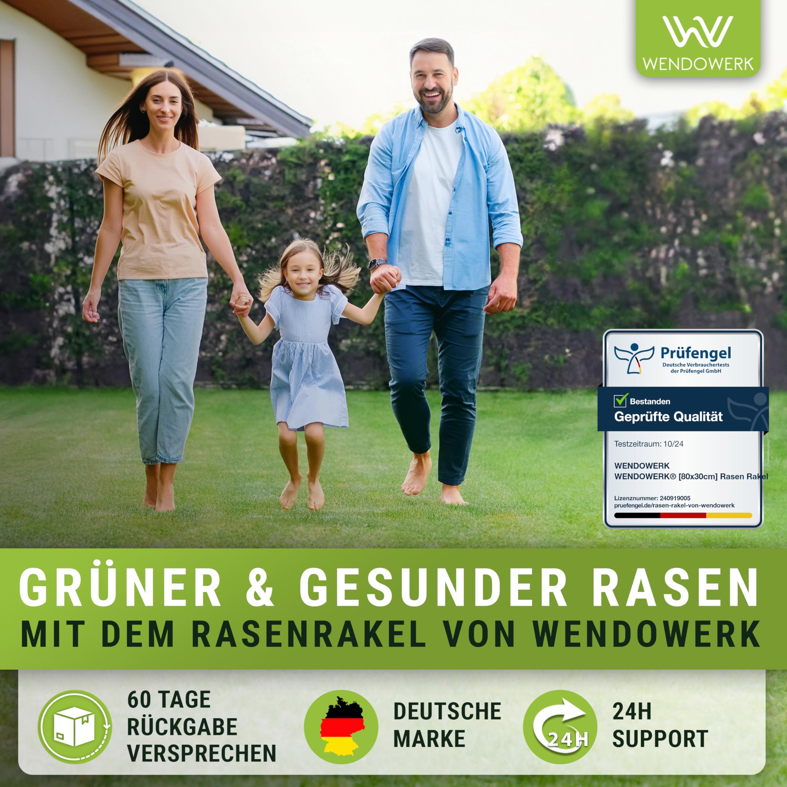 WENDOWERK® Rasen Rakel 80x30cm 2 Meter Stiel mit Gartenhandschuhe