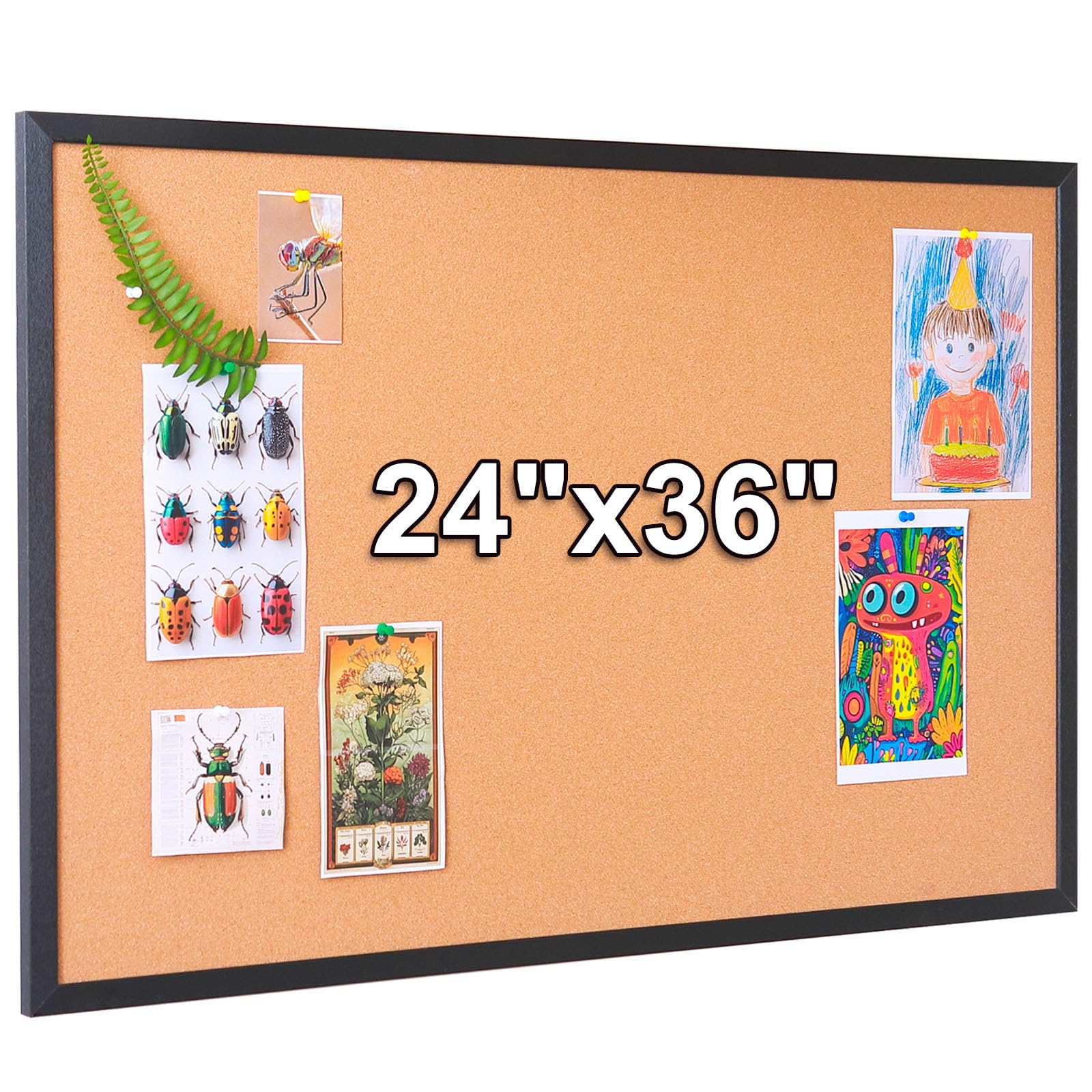 Condition photo showing New/Like New for 24x36 Inch Cork Bulletin Board for Wall with Black Wood Frame | Modern Pin Board for Office & Home | Includes 20 Push Pins & Mounting Hardware