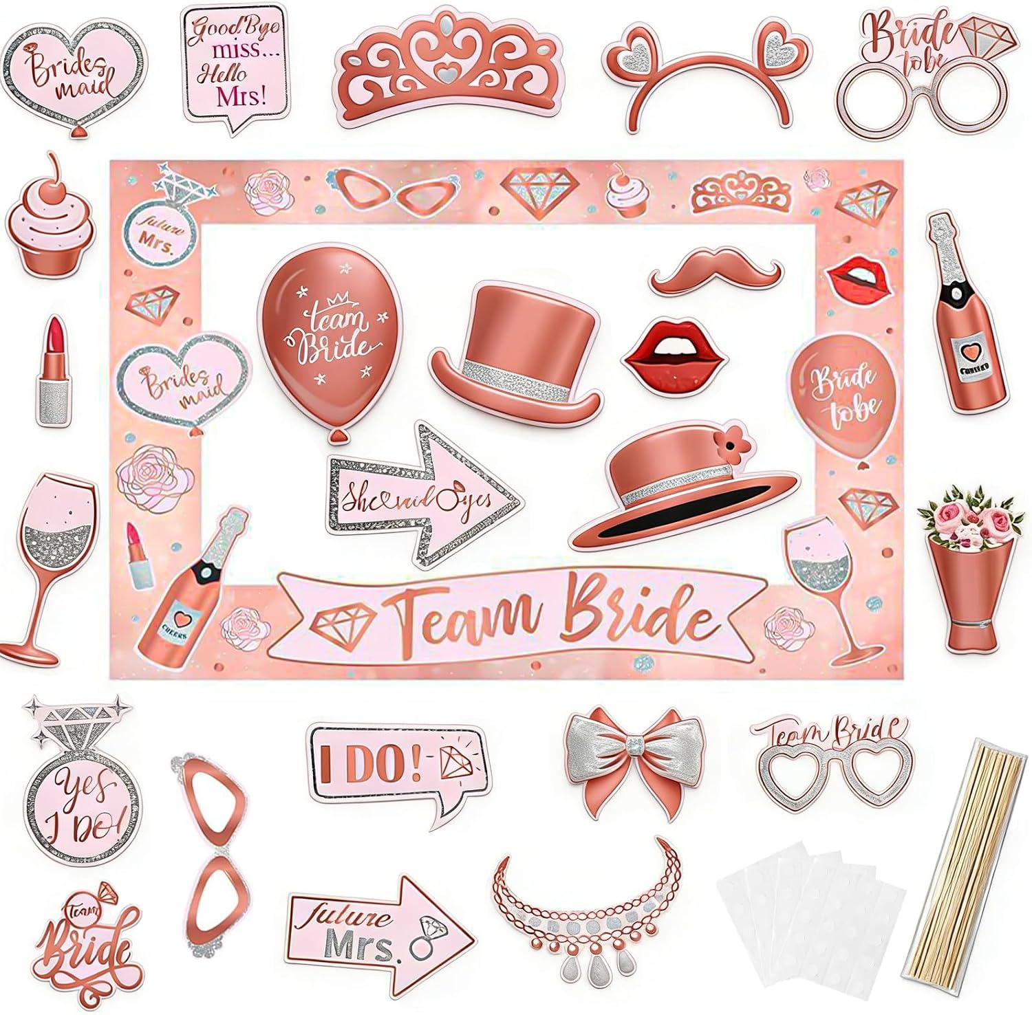 25 Pcs Rose Gold Wedding Photo Booth Props with Large Selfie Frame,Bridal Shower Decorations Kit,Bachelorette Party Decorations,Engagement Photo Props for Team Bride,Girl‘s Outdoor Supplies