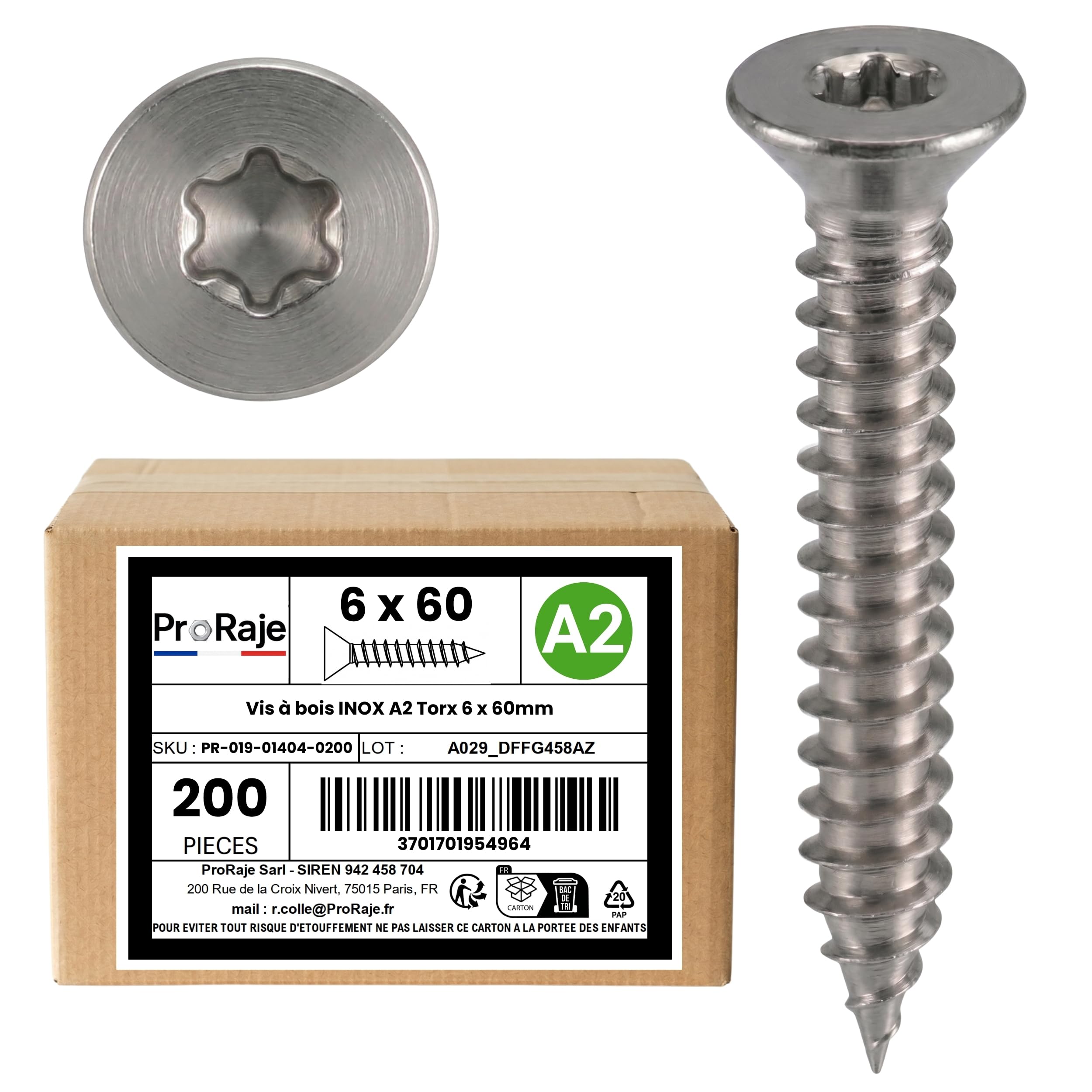 Wood Screws Stainless Steel A2: 6 x 60 mm | Countersunk Head Torx (TX) | Stainless Steel A2 (V2A / AISI 304) | Construction / Chipboard / Patio / etc: Pack of 200 ProRaje