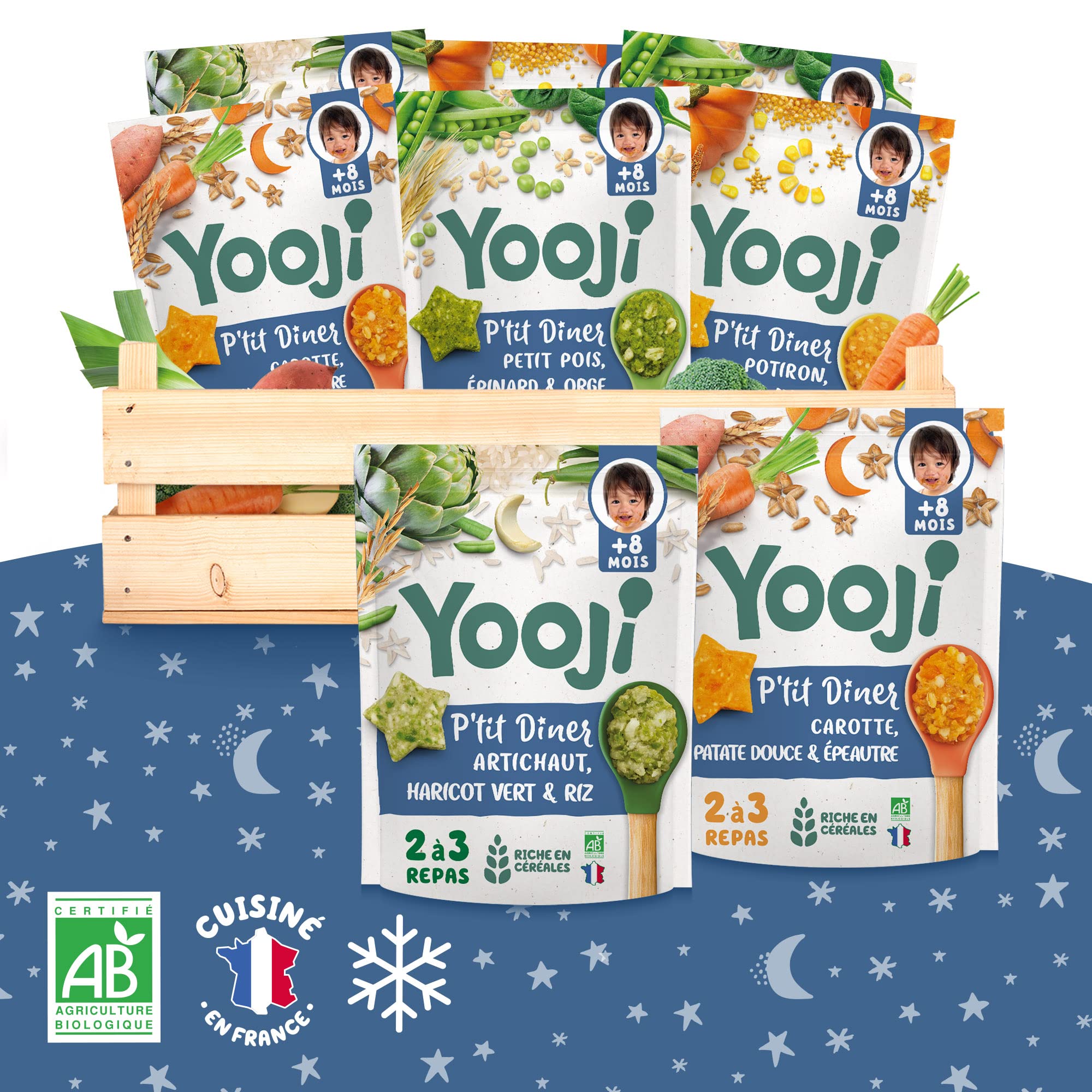 Yooji - P'tit dîner dès 8 mois - 36 repas du soir bio aux légumes et céréales purée avec petits morceaux en forme d'étoile pour bébé