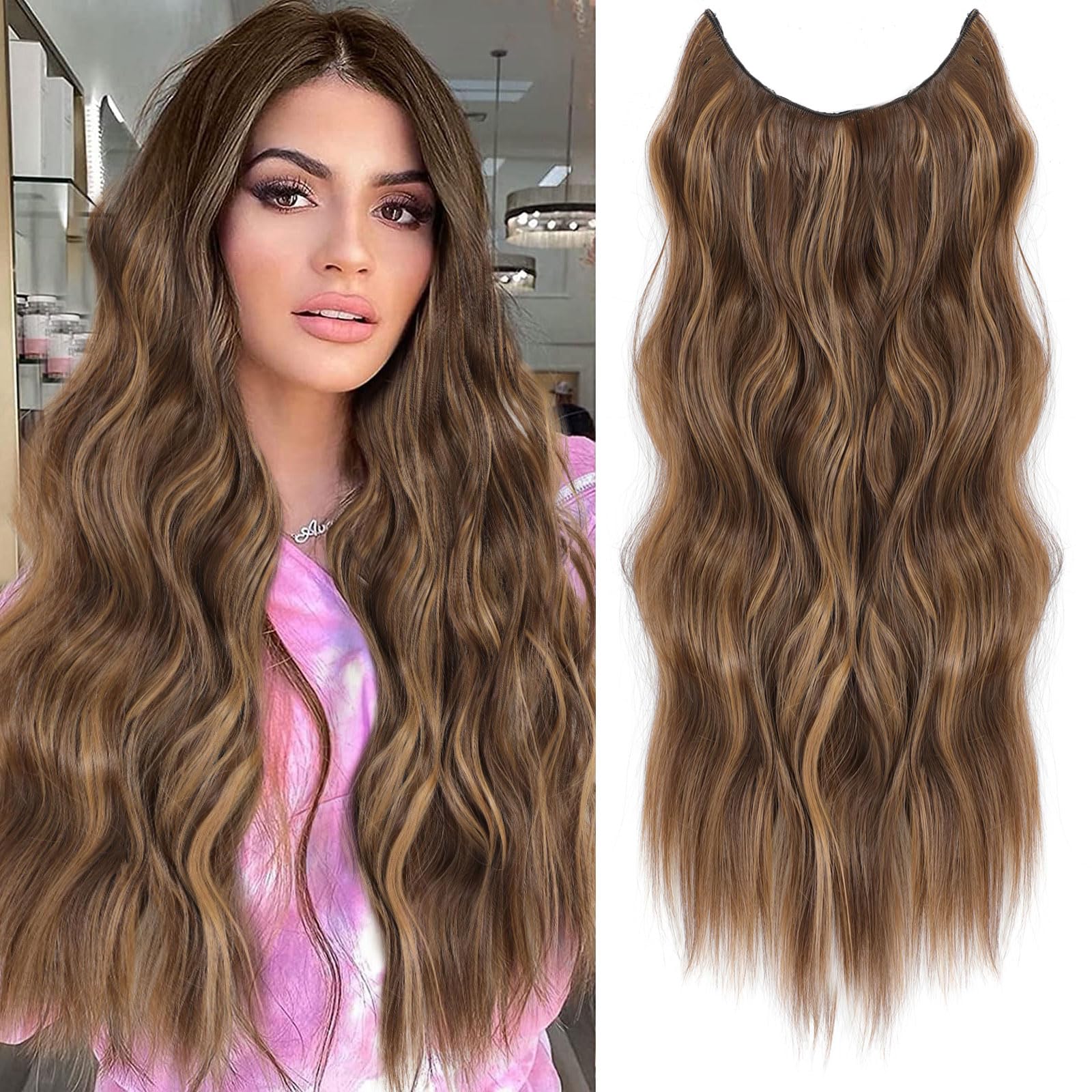 BUPPLER Halo Hair Extensions 24 Inch Invisible Wire Hair Extensions Adjustable Long Wavy Hairpiece Synthetic Upgrade 4 Secure Clips in Hairpieces 24