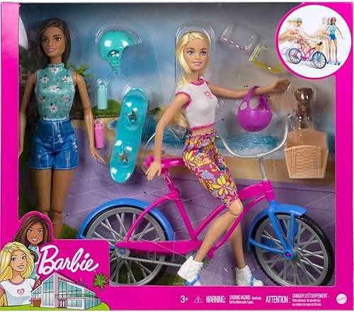 Miniatura 3 de Barbie Conjunto de juego de bicicleta al aire libre, muñeca rubia y morena con cachorro, juego de diversión de verano, HJY84
