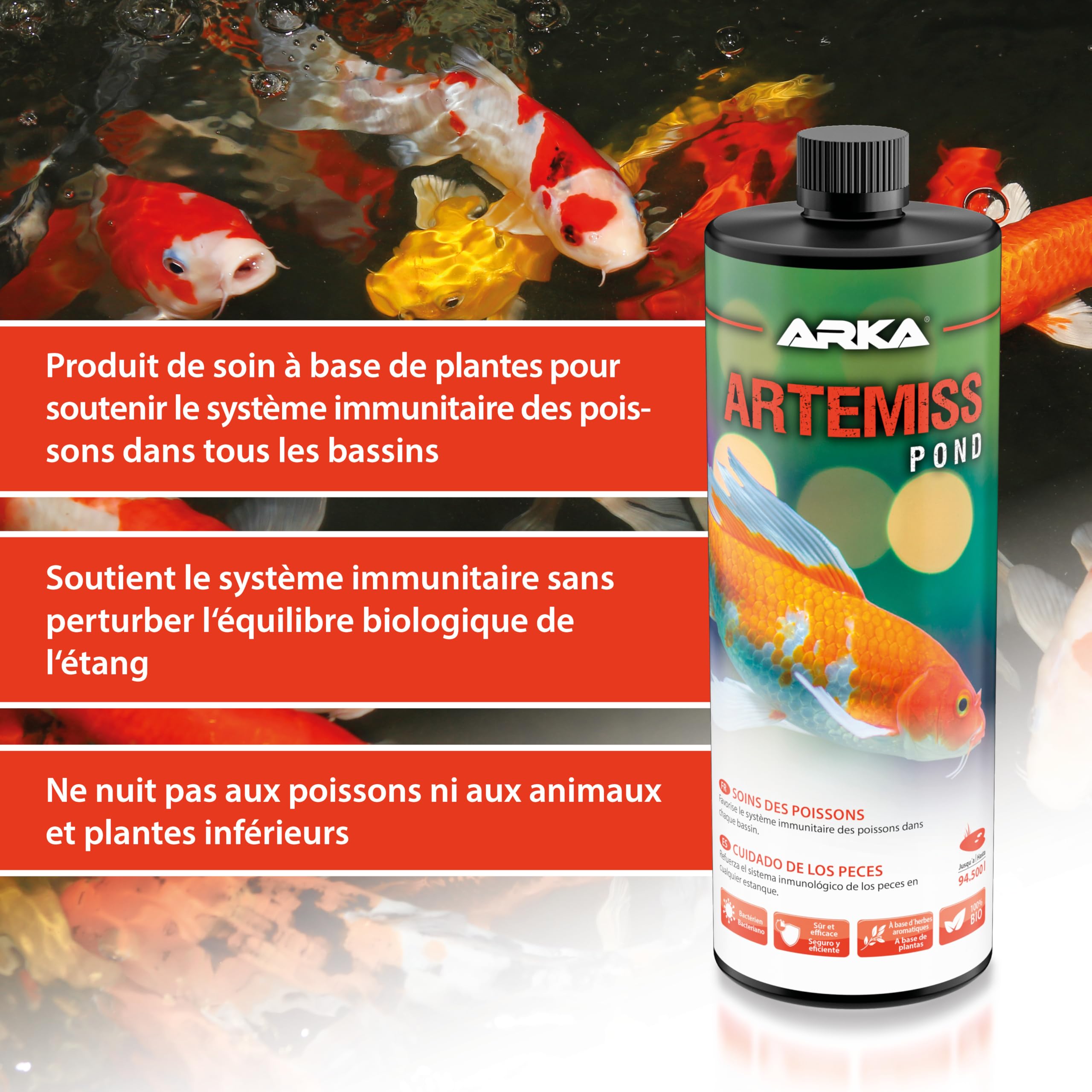 Soin pour Poissons de Bassin 946 ML - Artemiss Immunité et Vitalité | booster aux herbes, favorise bien-être, immunité et vitalité, réduit le stress, poissons, bassin de jardin, bassin à koïs
