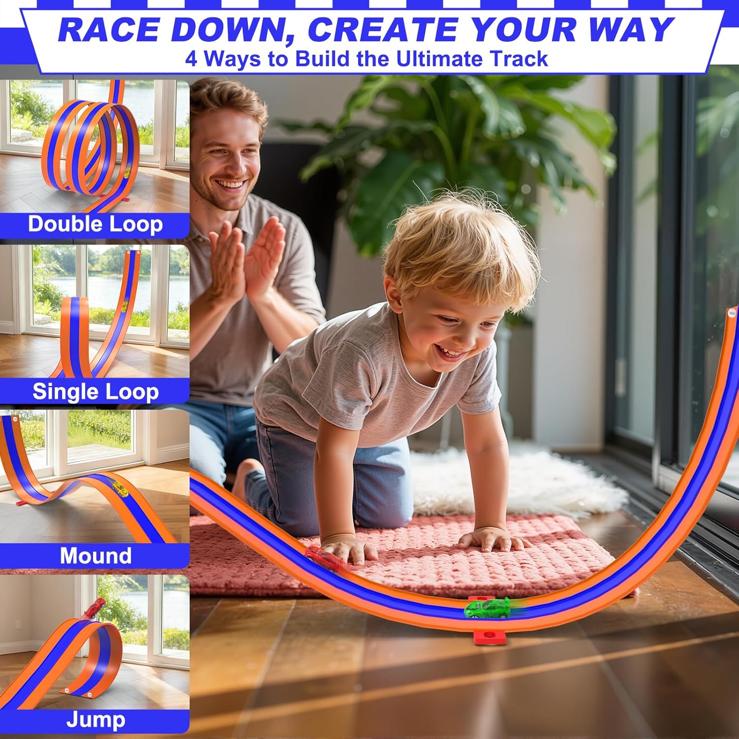 16.4 ft 3-Lane Flexible Race Track for Boys Girls Ages 3-8 with 6 Pull-Back Cars Suction Cups Compatible with 1/64th Toddlers Car Toys Easter Birthday Gifts for Kids Basket Stuffers