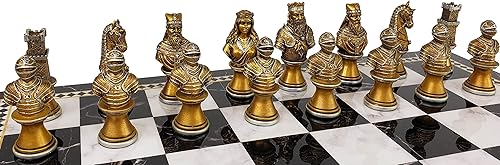 Miniatura 5 de Medieval Times Crusades Knight - Juego de ajedrez dorado y plateado con tablero de almacenamiento de mármol sintético de 17 pulgadas
