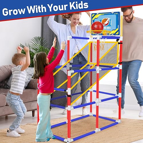 Miniatura 5 de Auggie - Juego de aro de baloncesto para niños con 2 bolas, bomba de aire, altura ajustable, para interiores y exteriores, juguete de portería de